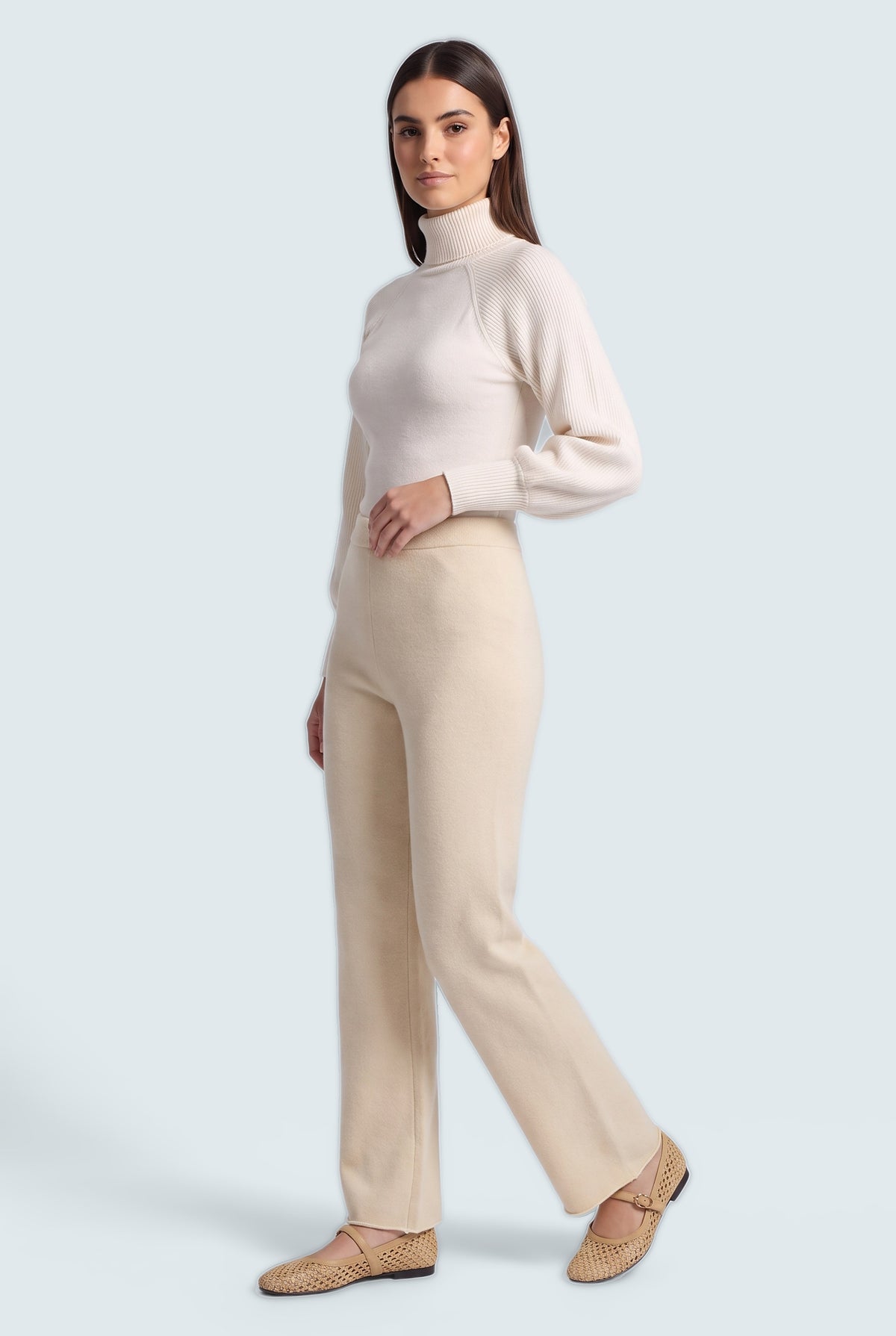 Beige Straight Fit Knit Trousers - Front View - Hustle N Holla