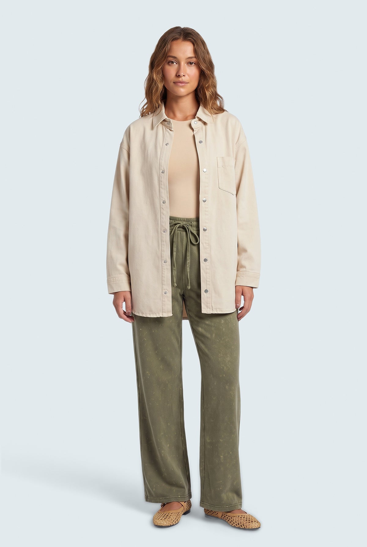 Beige Twill Relaxed Fit Shacket - Front View - Hustle N Holla