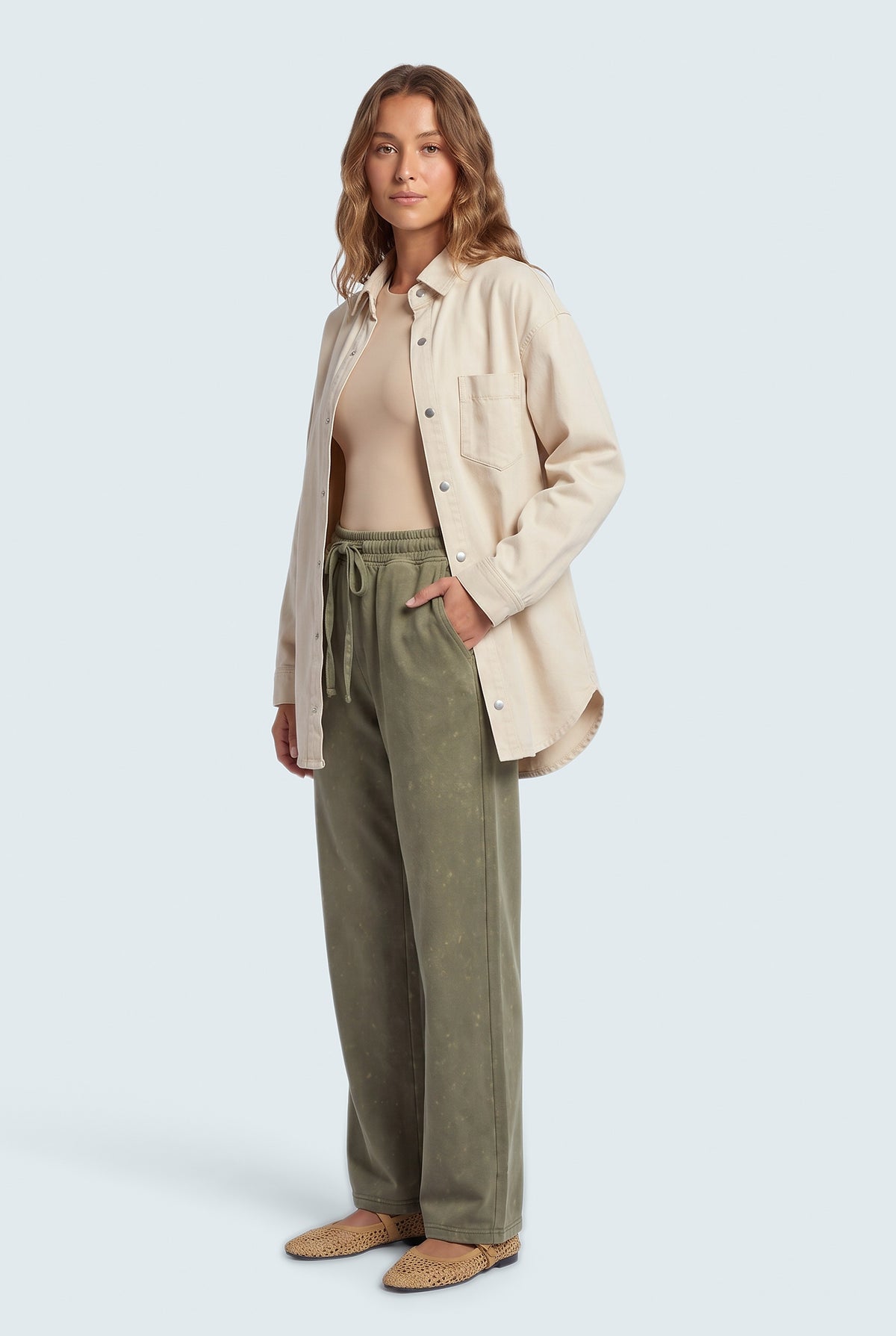 Beige Twill Relaxed Fit Shacket - Front View - Hustle N Holla