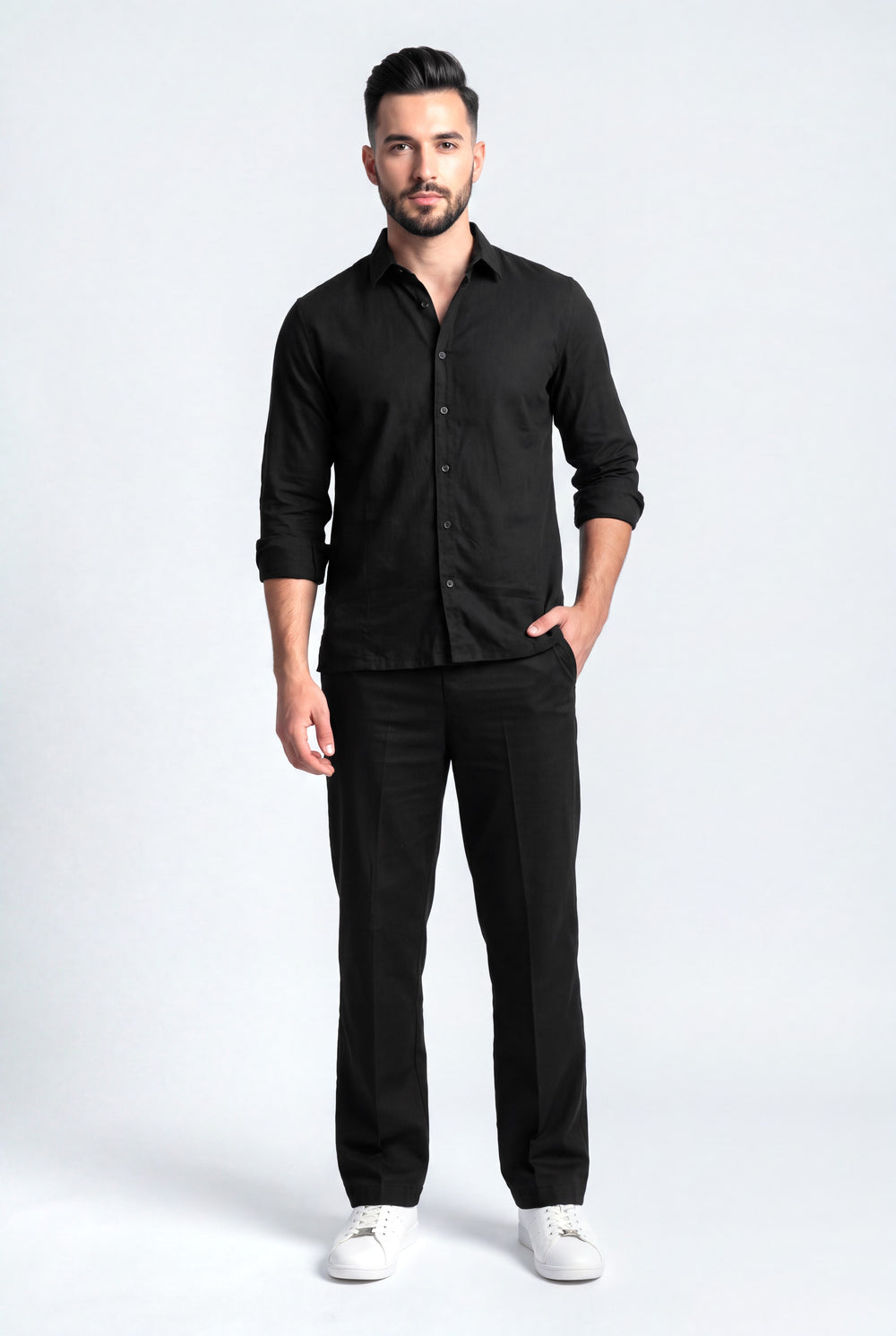 Black Comfort Fit Cotton Trousers - Front View - Hustle N Holla