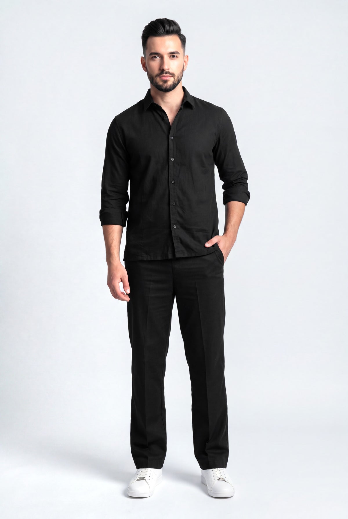 Black Comfort Fit Cotton Trousers - Front View - Hustle N Holla