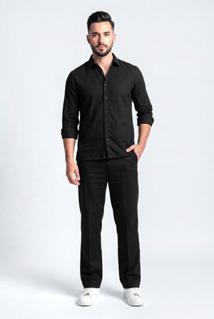 Black Comfort Fit Cotton Trousers - Front View - Hustle N Holla
