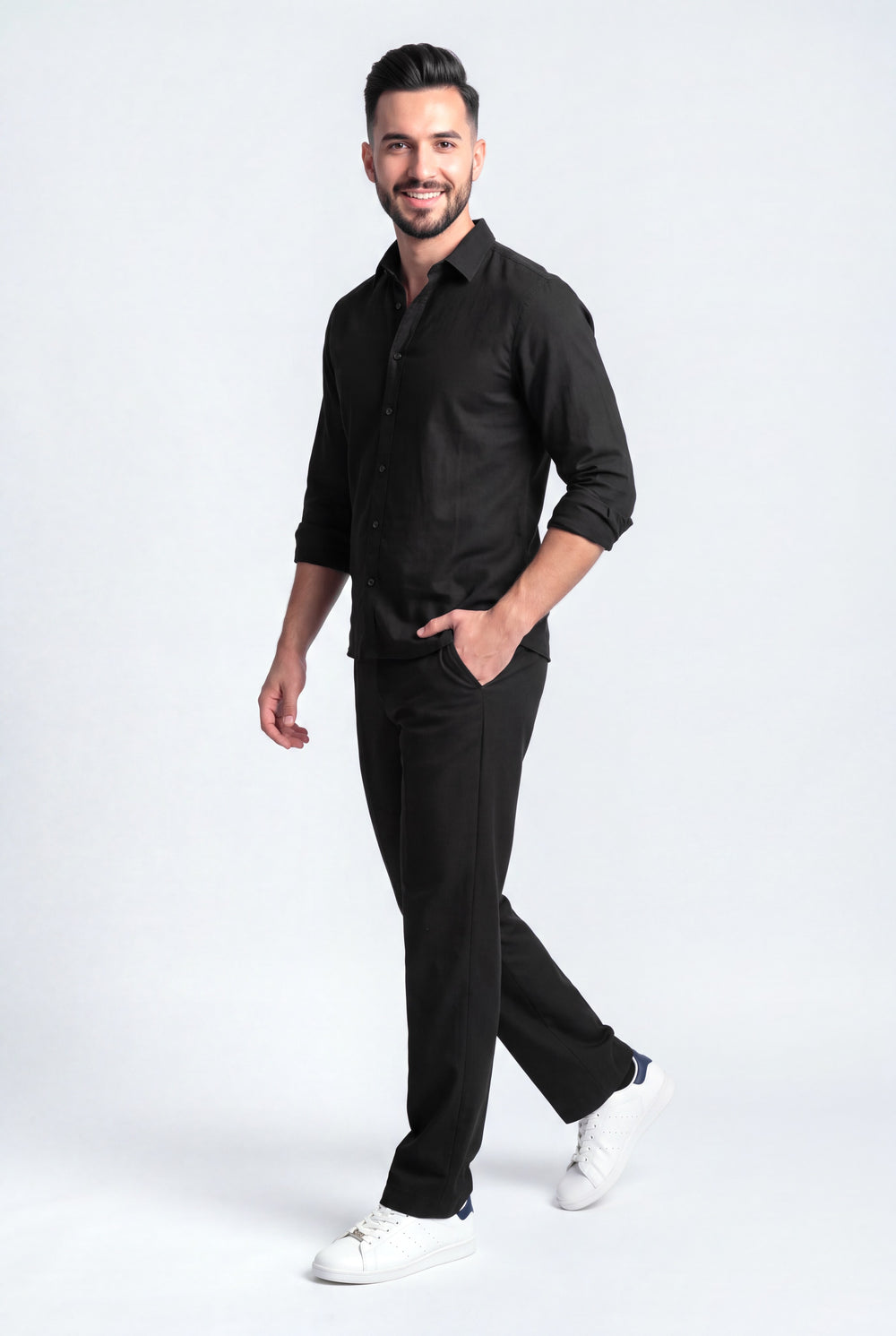 Black Comfort Fit Cotton Trousers - Front Side View - Hustle N Holla