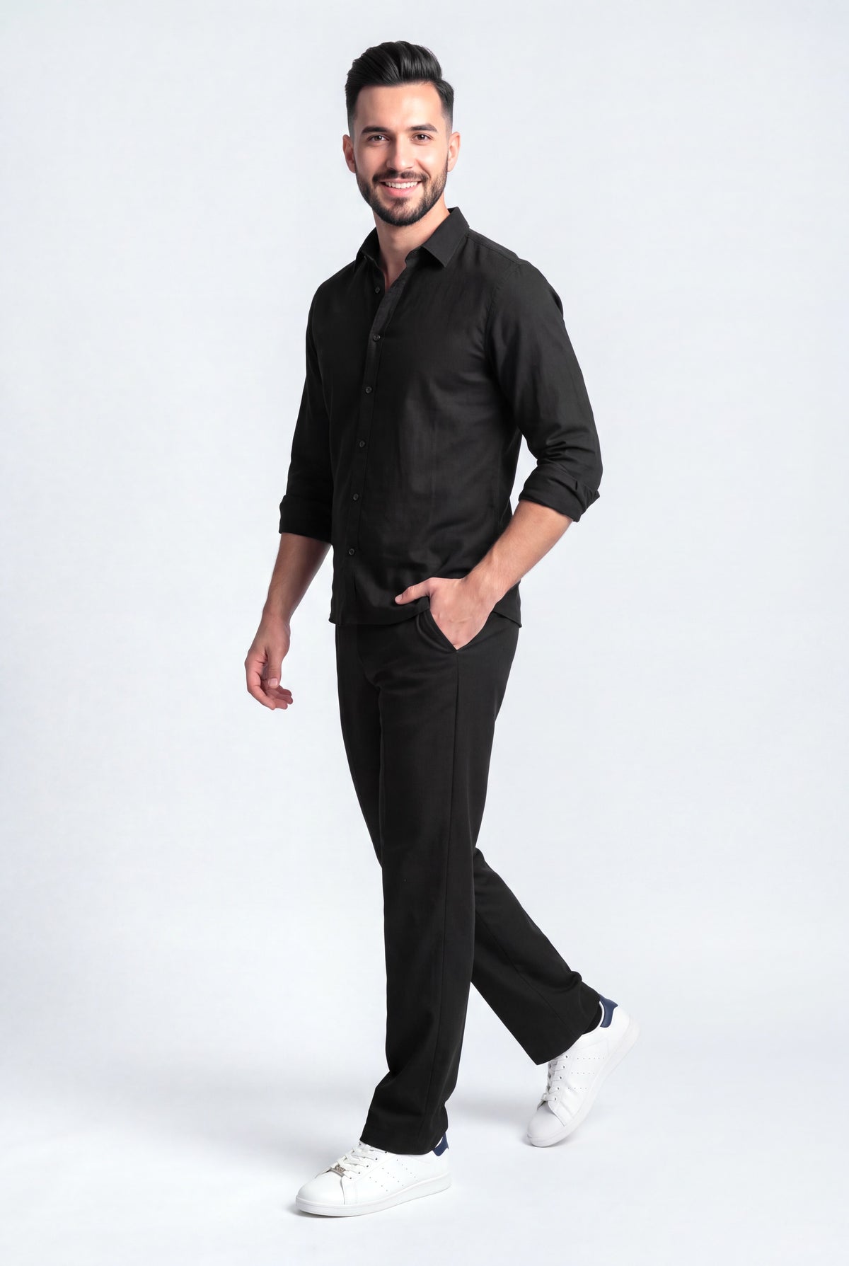 Black Comfort Fit Cotton Trousers - Front View - Hustle N Holla