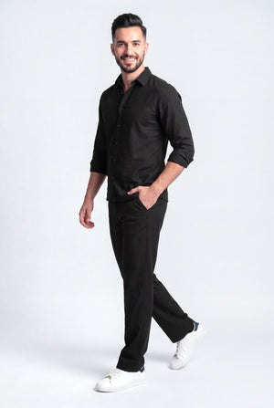 Black Comfort Fit Cotton Trousers - Front Side View - Hustle N Holla