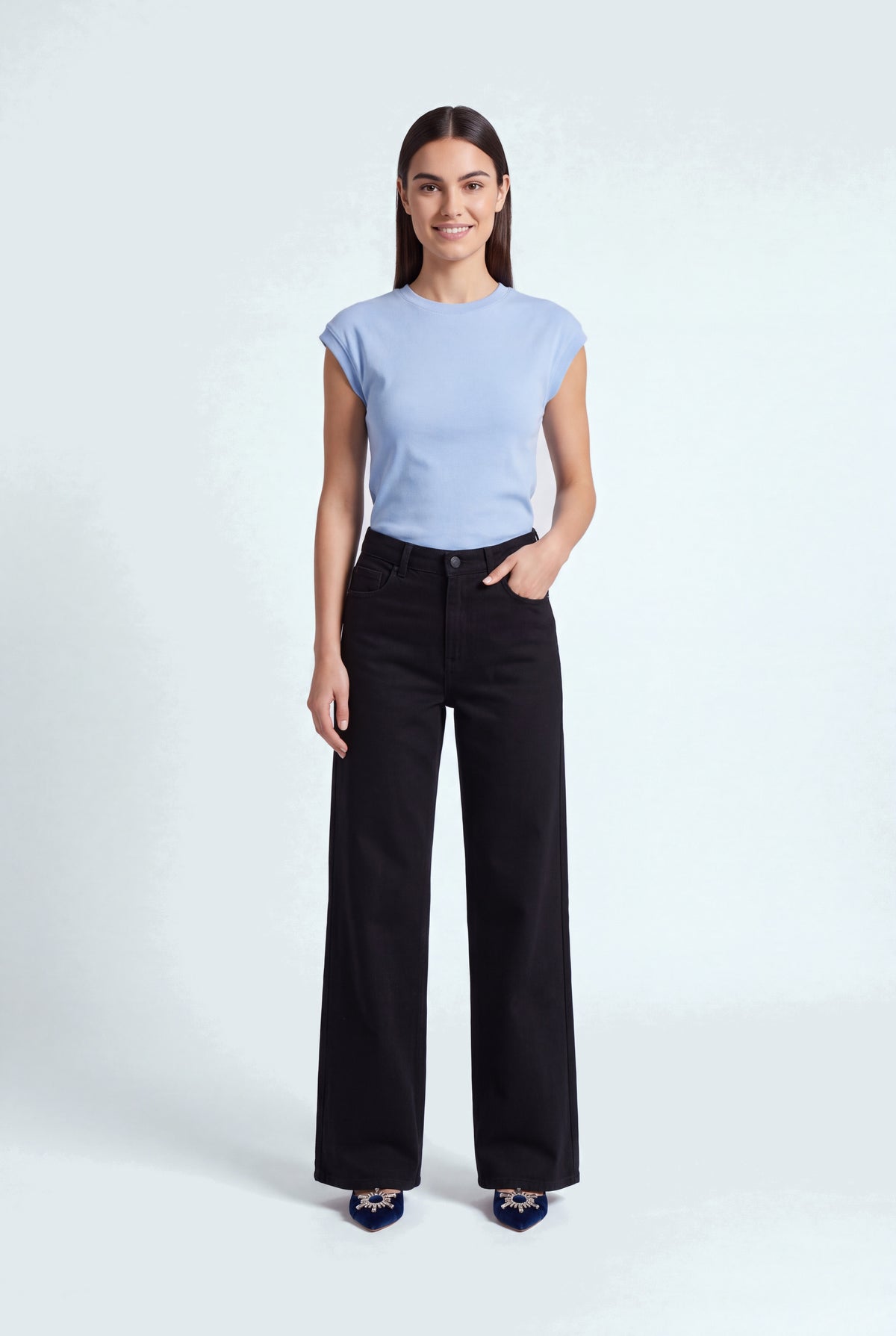Black Mid Rise Wide Leg Jeans - front view