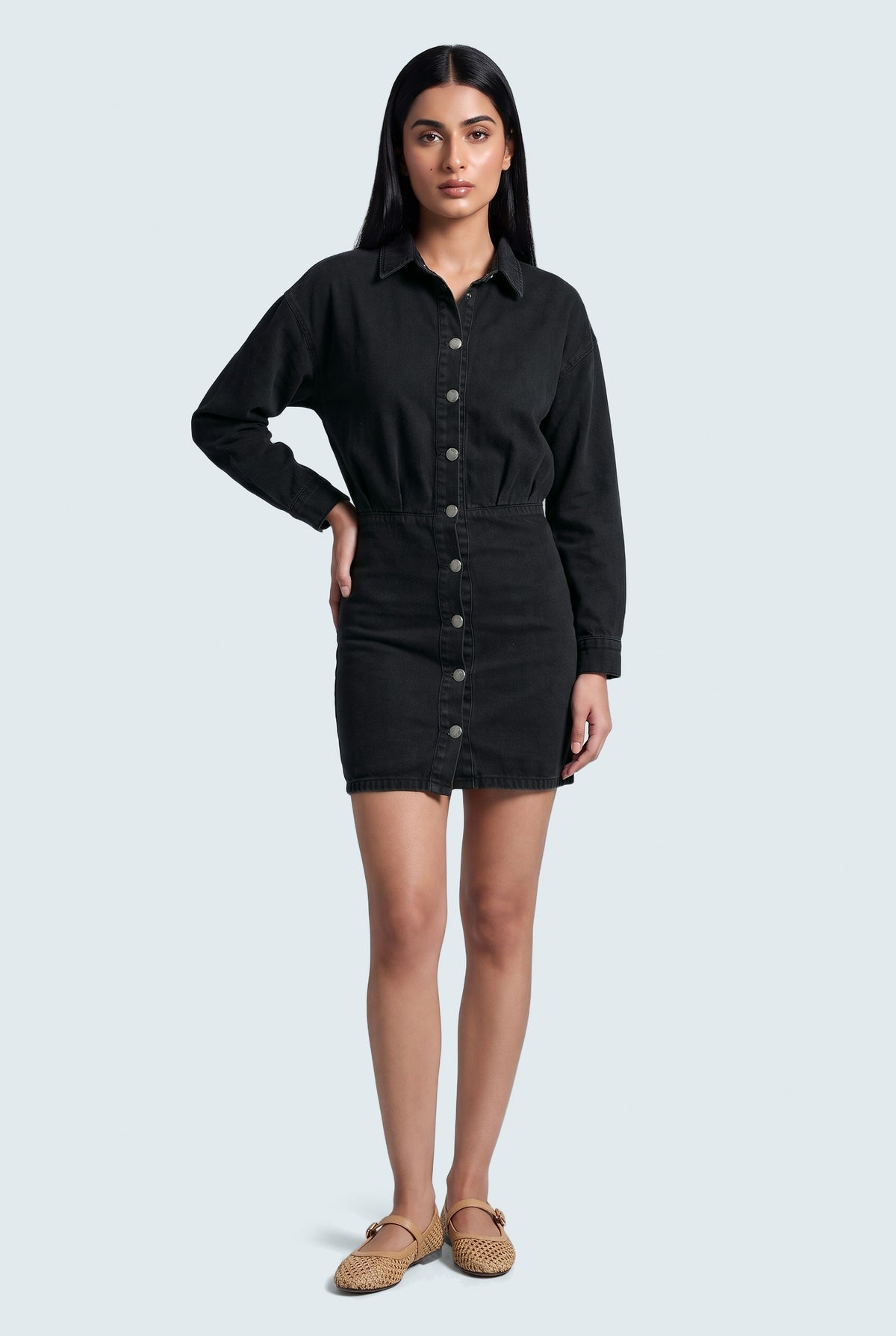 Black Mini Slim Fit Denim Dress - Front View - Hustle N Holla