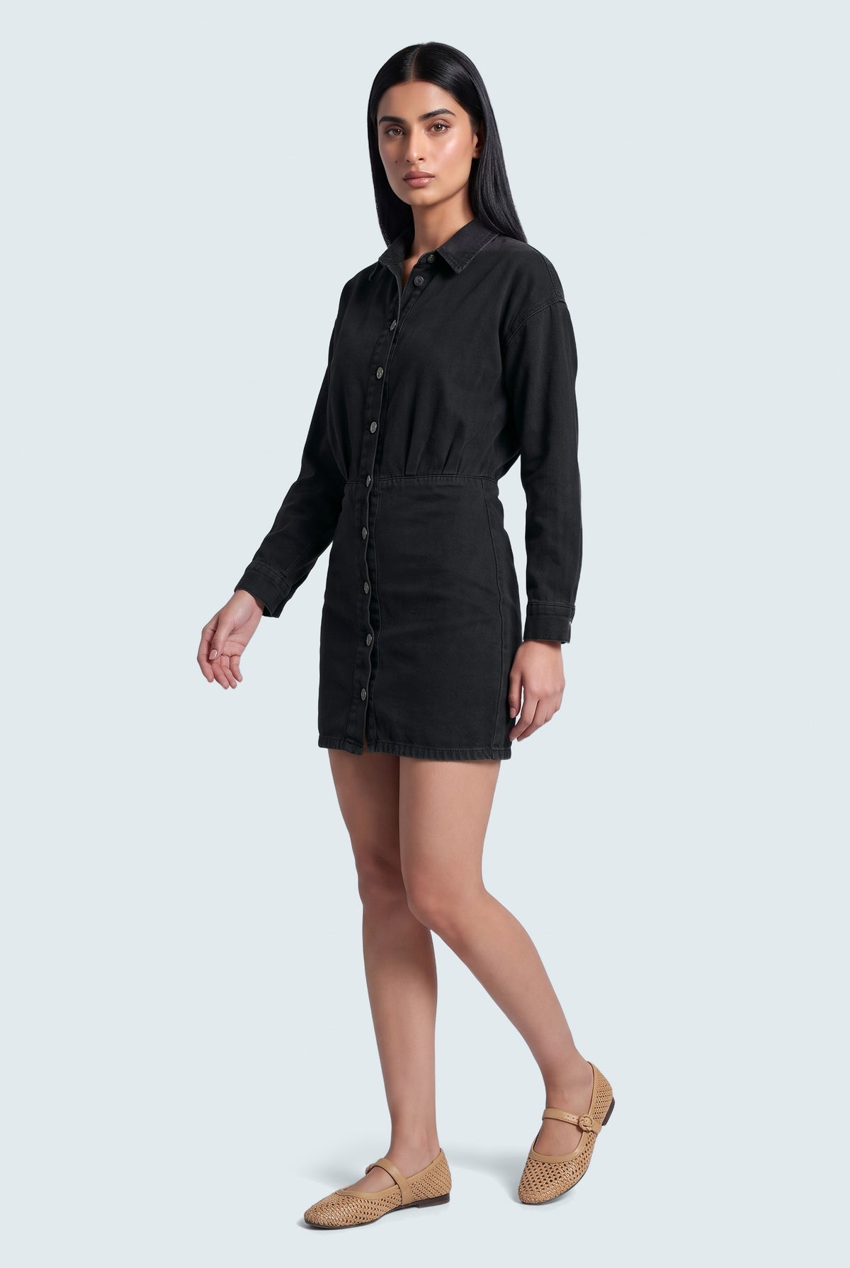 Black Mini Slim Fit Denim Dress - Front View - Hustle N Holla