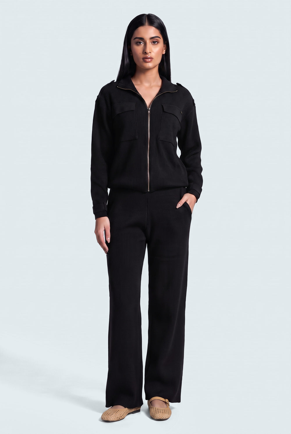 Black Wide leg Trousers - Front View - Hustle N Holla