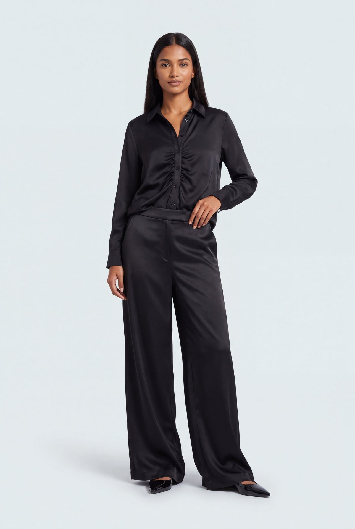 Black Wide Leg Trousers - Front View - Hustle N Holla