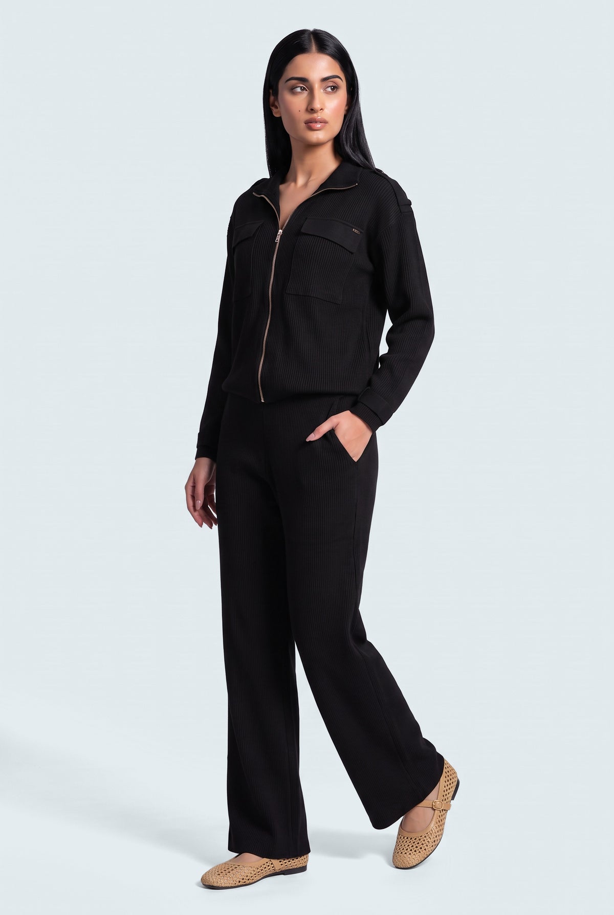 Black Wide leg Trousers - Front View - Hustle N Holla
