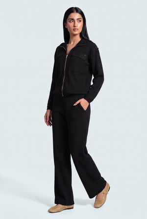 Black Wide leg Trousers - Front Side View - Hustle N Holla
