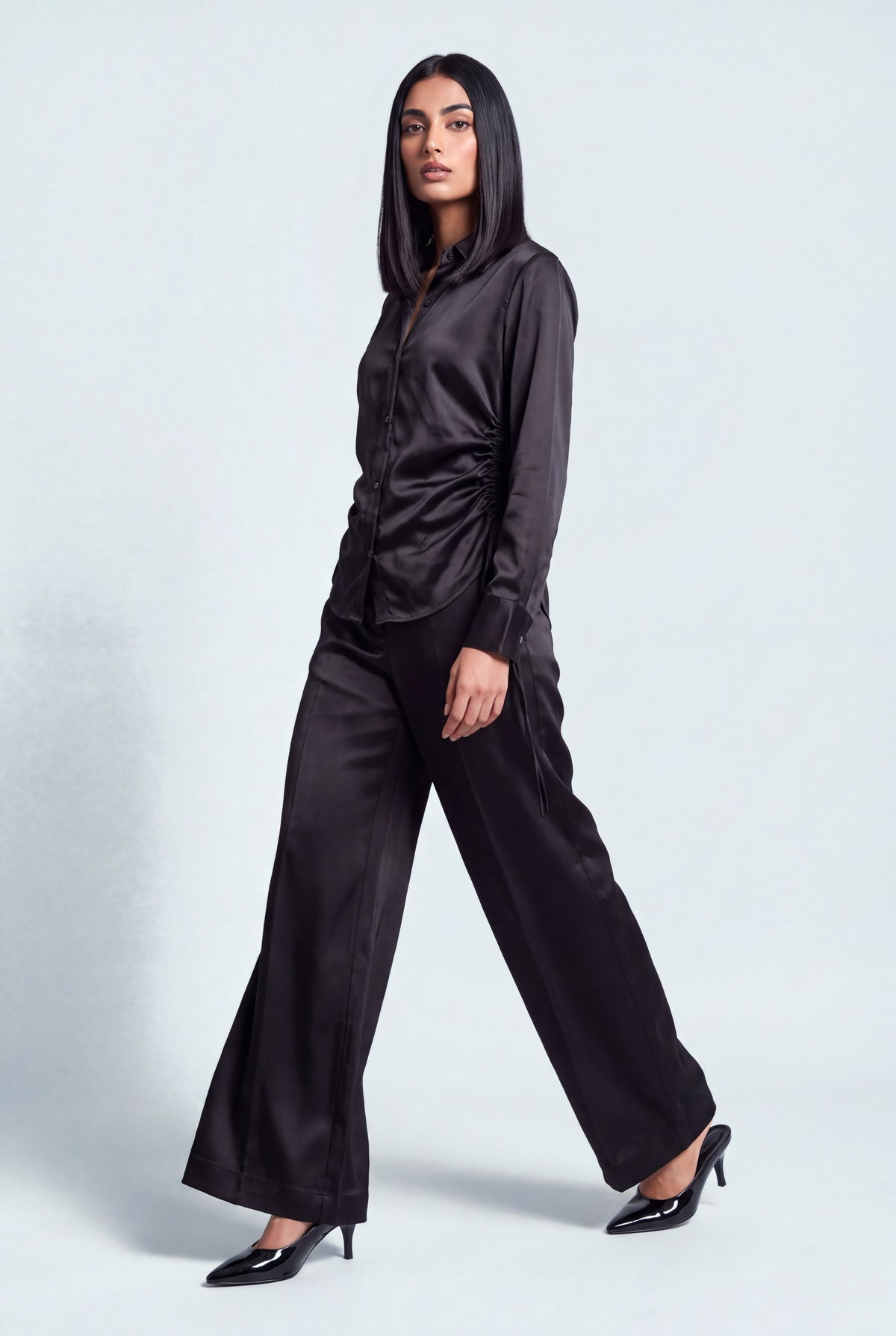 Black Wide Leg Trousers - Front View - Hustle N Holla