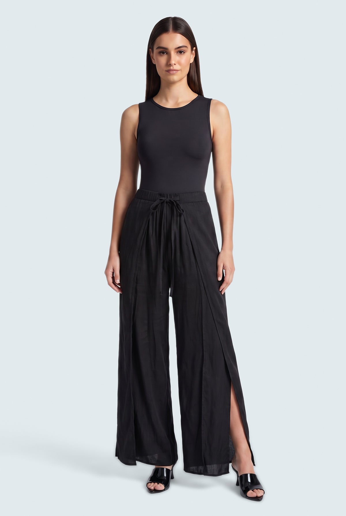 Black Wrap Over Silk Trousers - Front View - Hustle N Holla