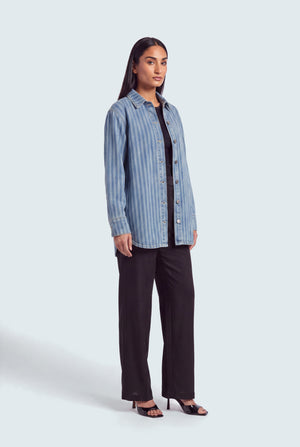 Blue Striped Relaxed Fit Denim Over Shirt - Hustle N Holla