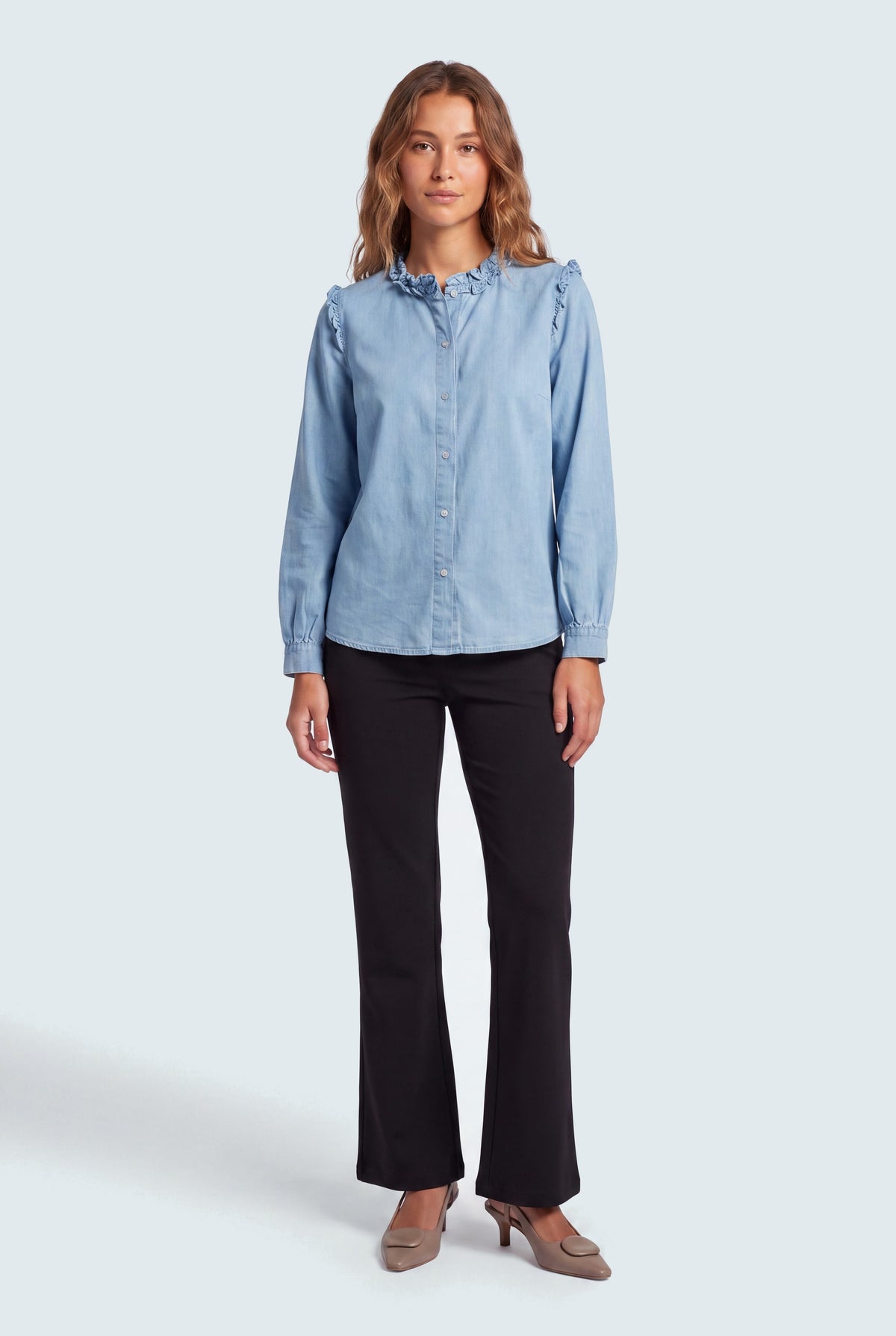 Chambray Ruffle Shirt - Hustle N Holla