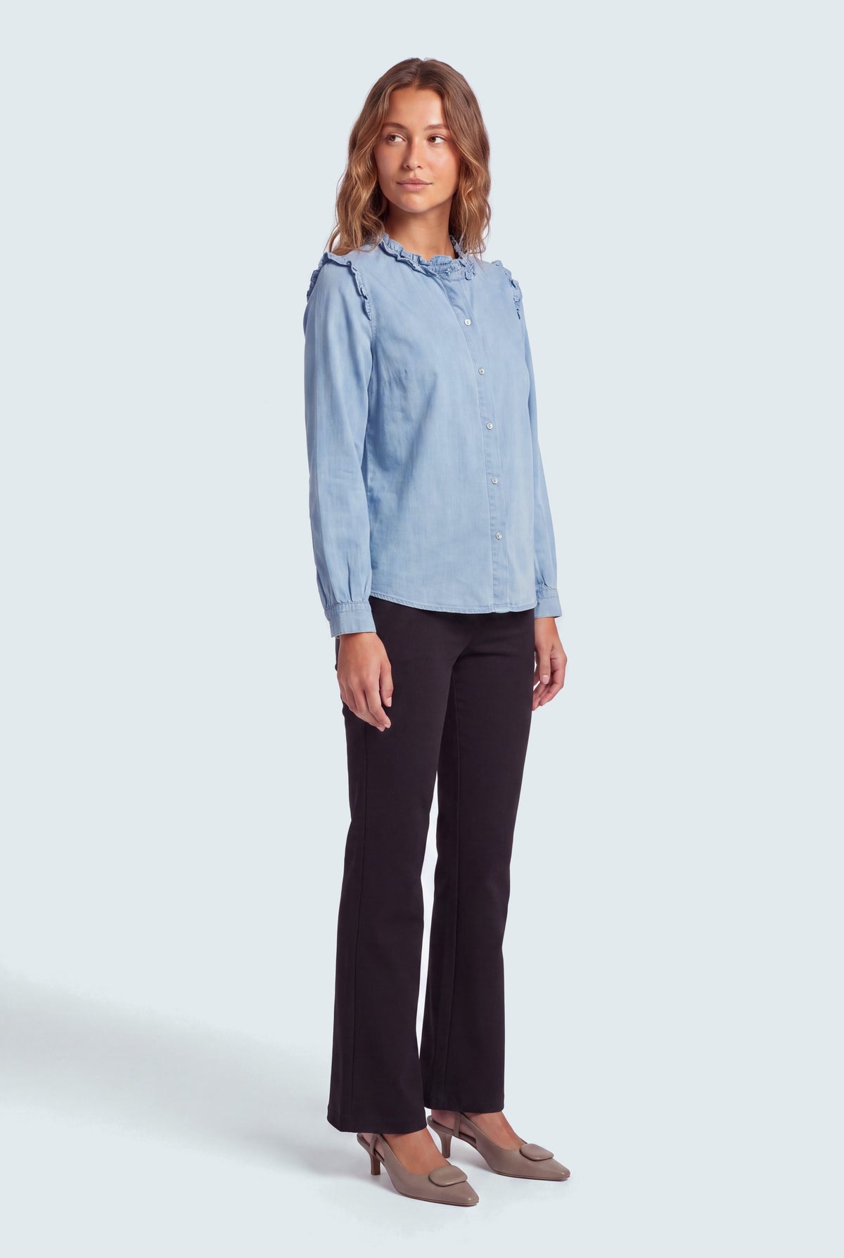Chambray Ruffle Shirt - Hustle N Holla