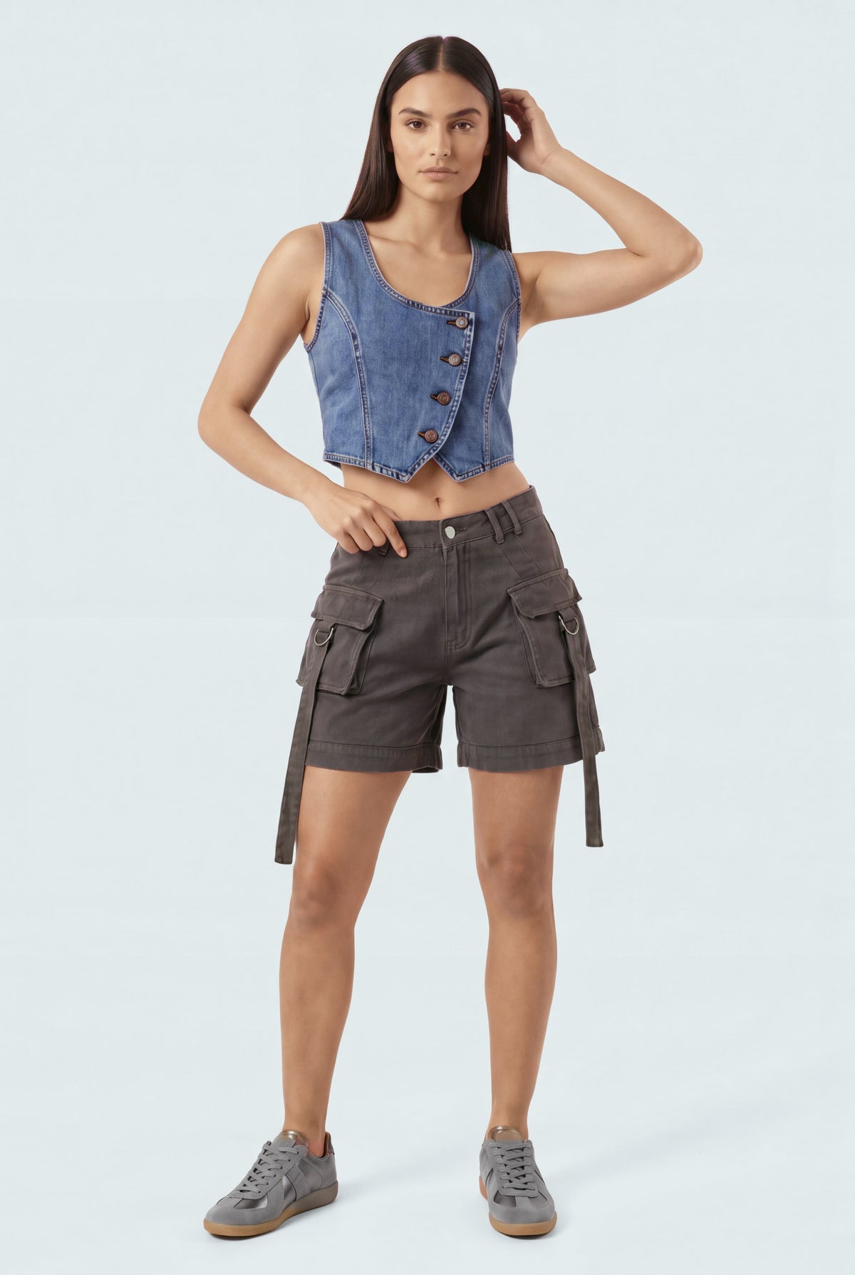 Charcoal Grey Mini Denim Shorts - Front View - Hustle N Holla