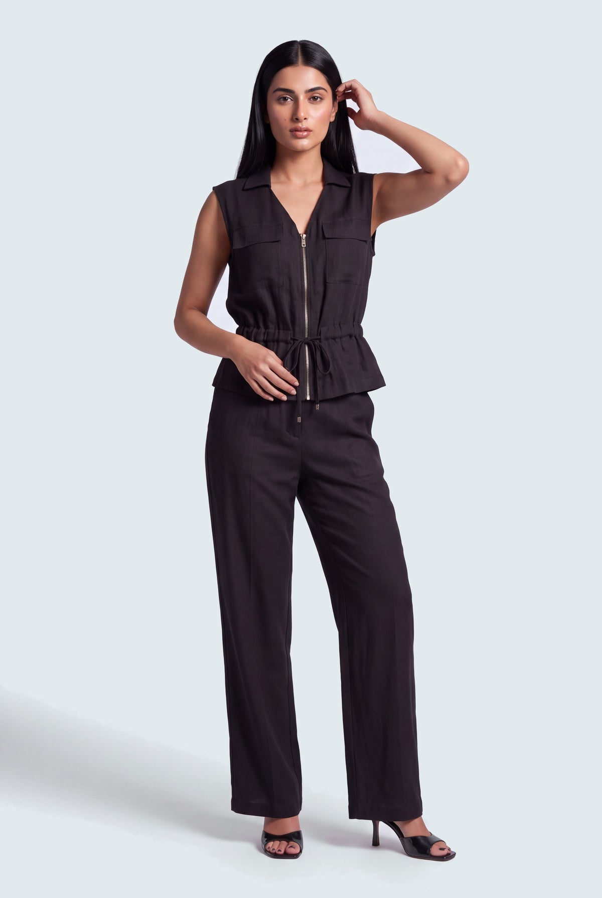 Coal Black Sleeveless Relaxed Fit Linen Top - Hustle N Holla