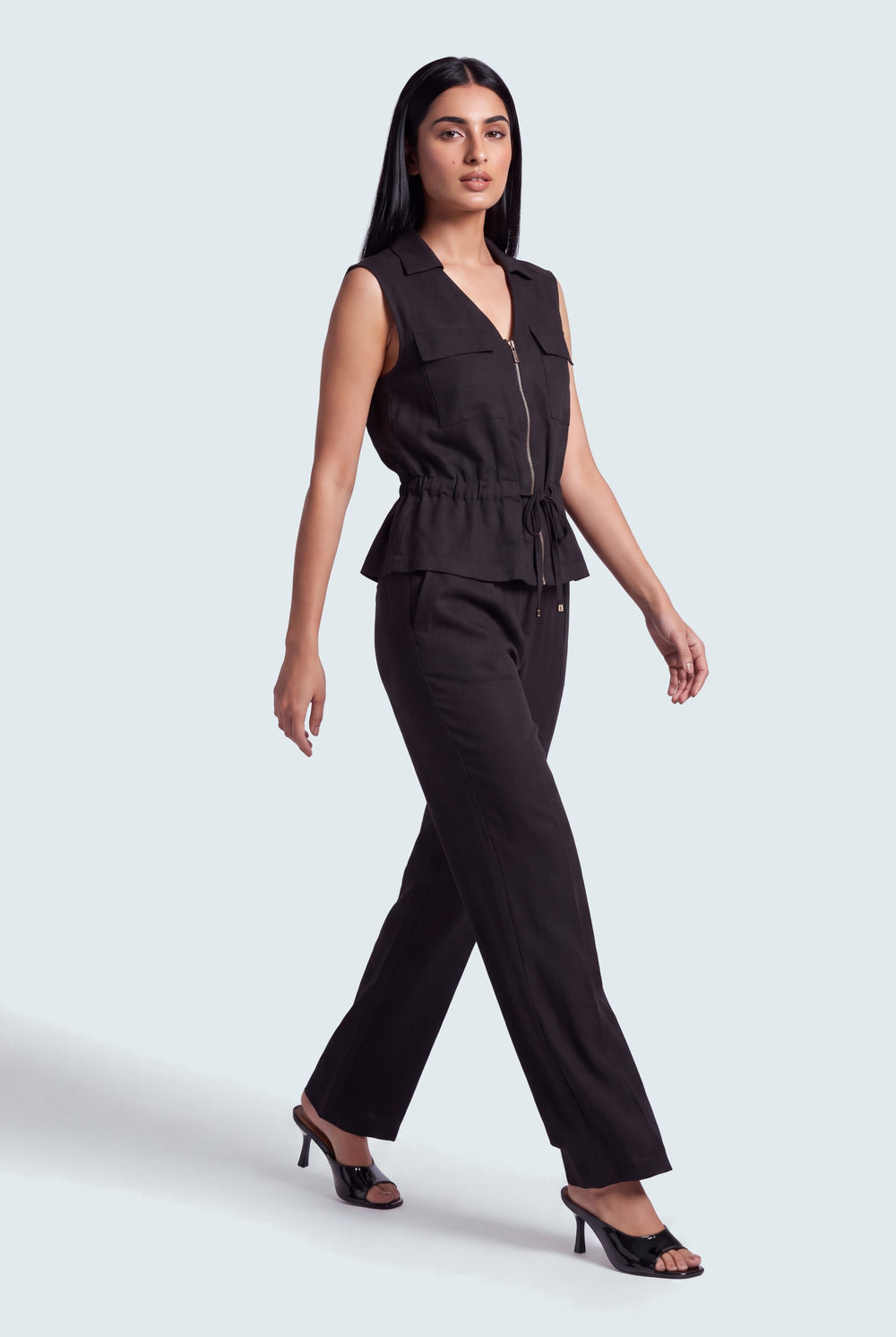 Coal Black Sleeveless Relaxed Fit Linen Top - Hustle N Holla