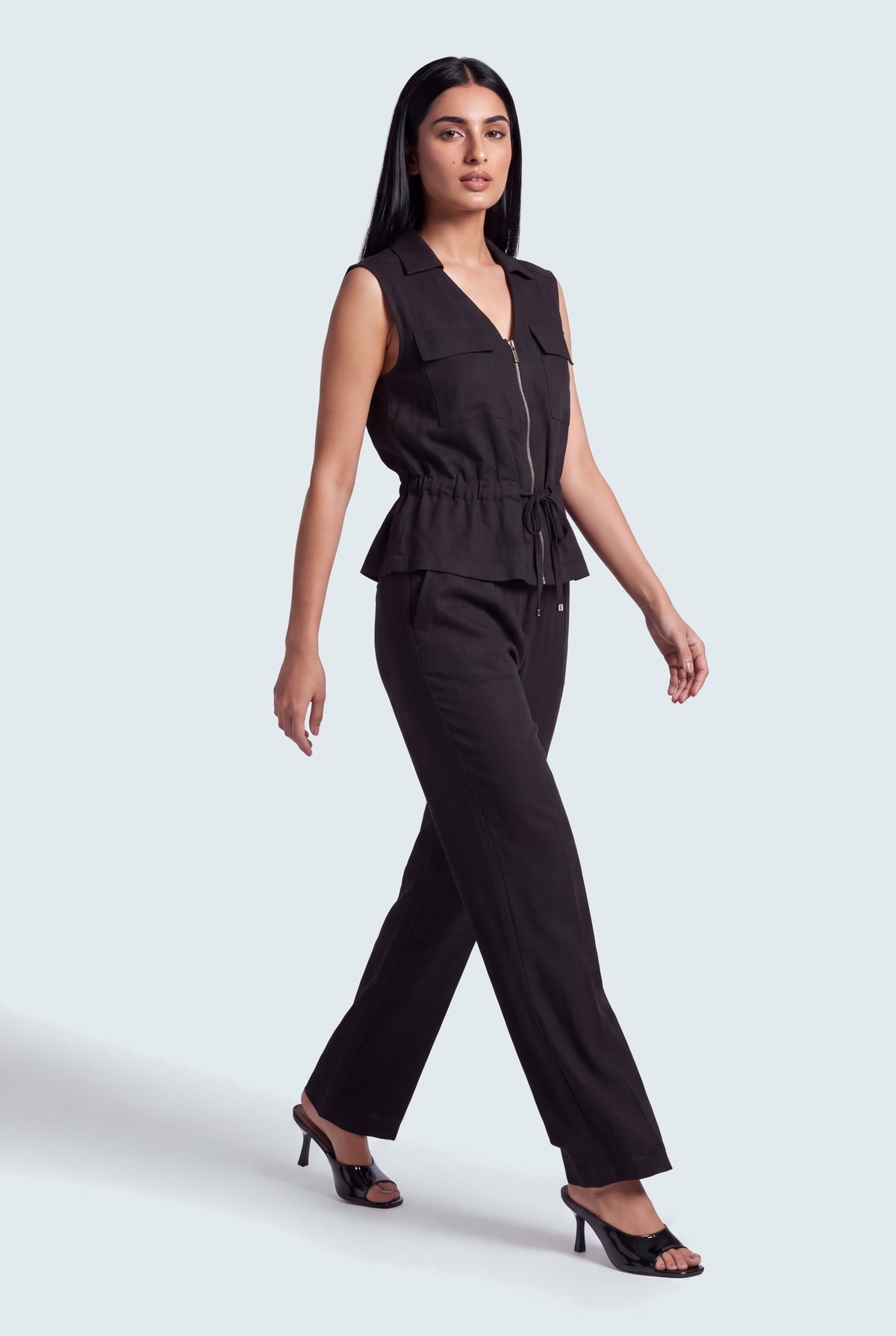 Coal Black Sleeveless Relaxed Fit Linen Top - Hustle N Holla