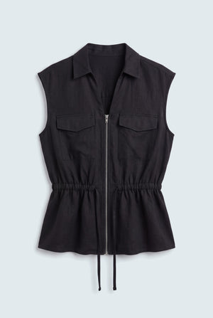 Coal Black Sleeveless Relaxed Fit Linen Top - Hustle N Holla