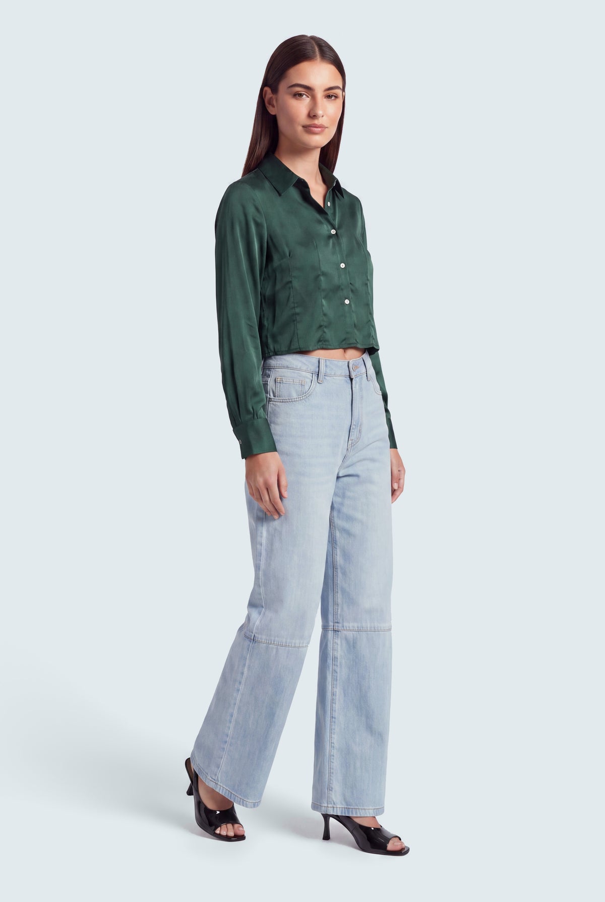 Cut & Sew Light Blue Mid Rise Wide Leg Jeans - Hustle N Holla