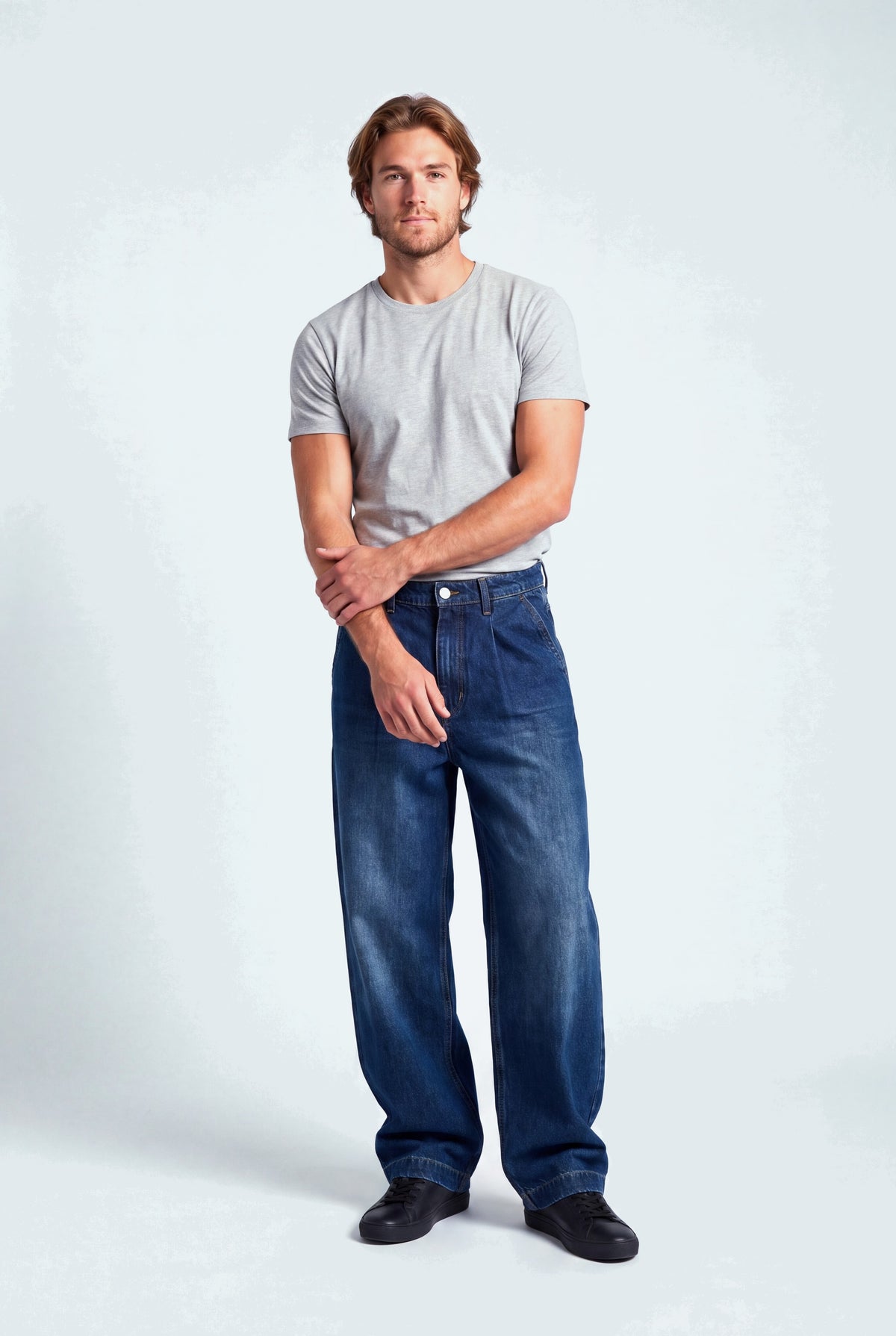 Dark Blue Pleated Wide Leg Denim Jeans - Hustle N Holla