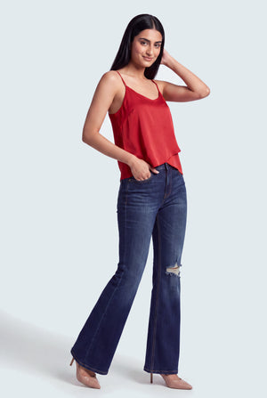 Dark Vintage Mid Rise Split Back Flared Jeans - Hustle N Holla
