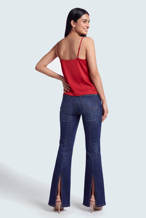 Dark Vintage Mid Rise Split Back Flared Jeans - Hustle N Holla