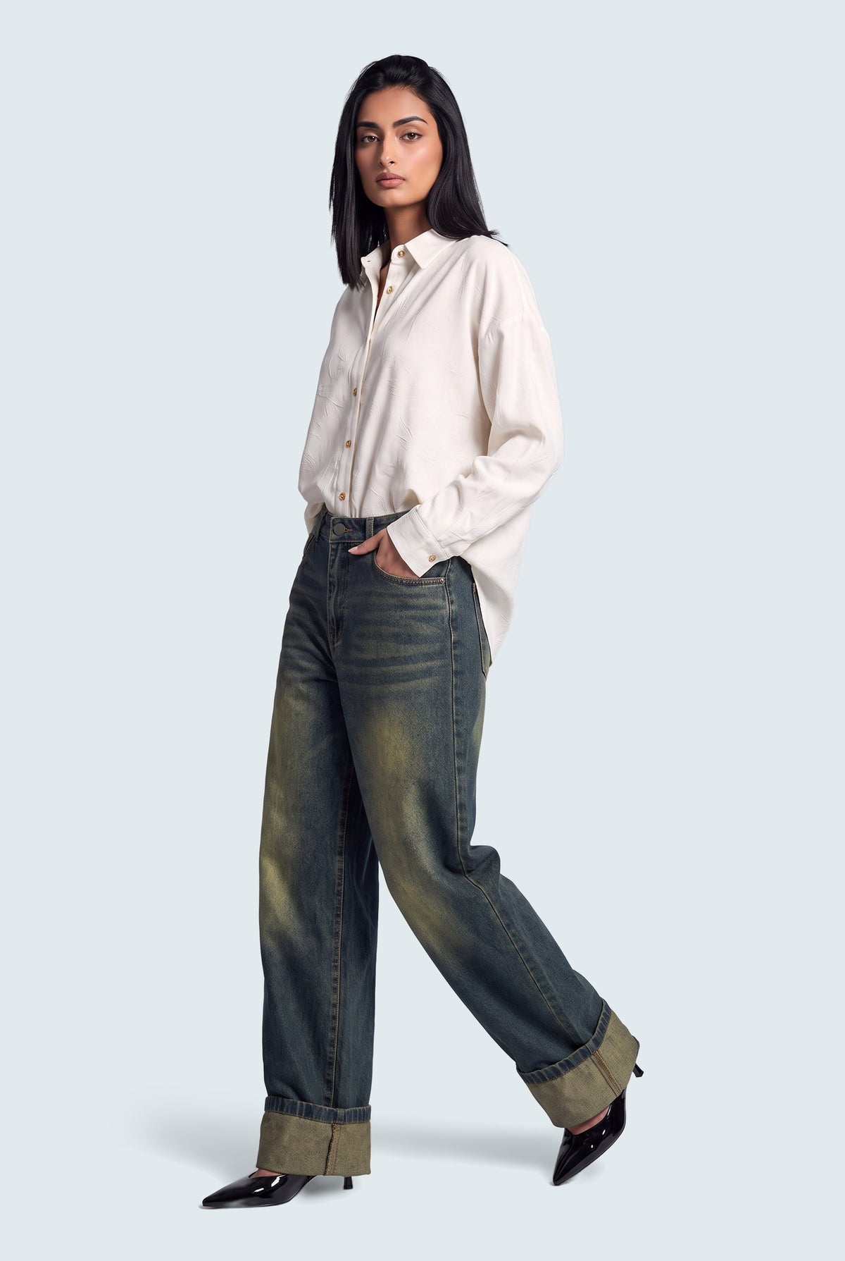 Dark Vintage Wash Mid Rise Super Baggy Jeans - Front View - Hustle N Holla