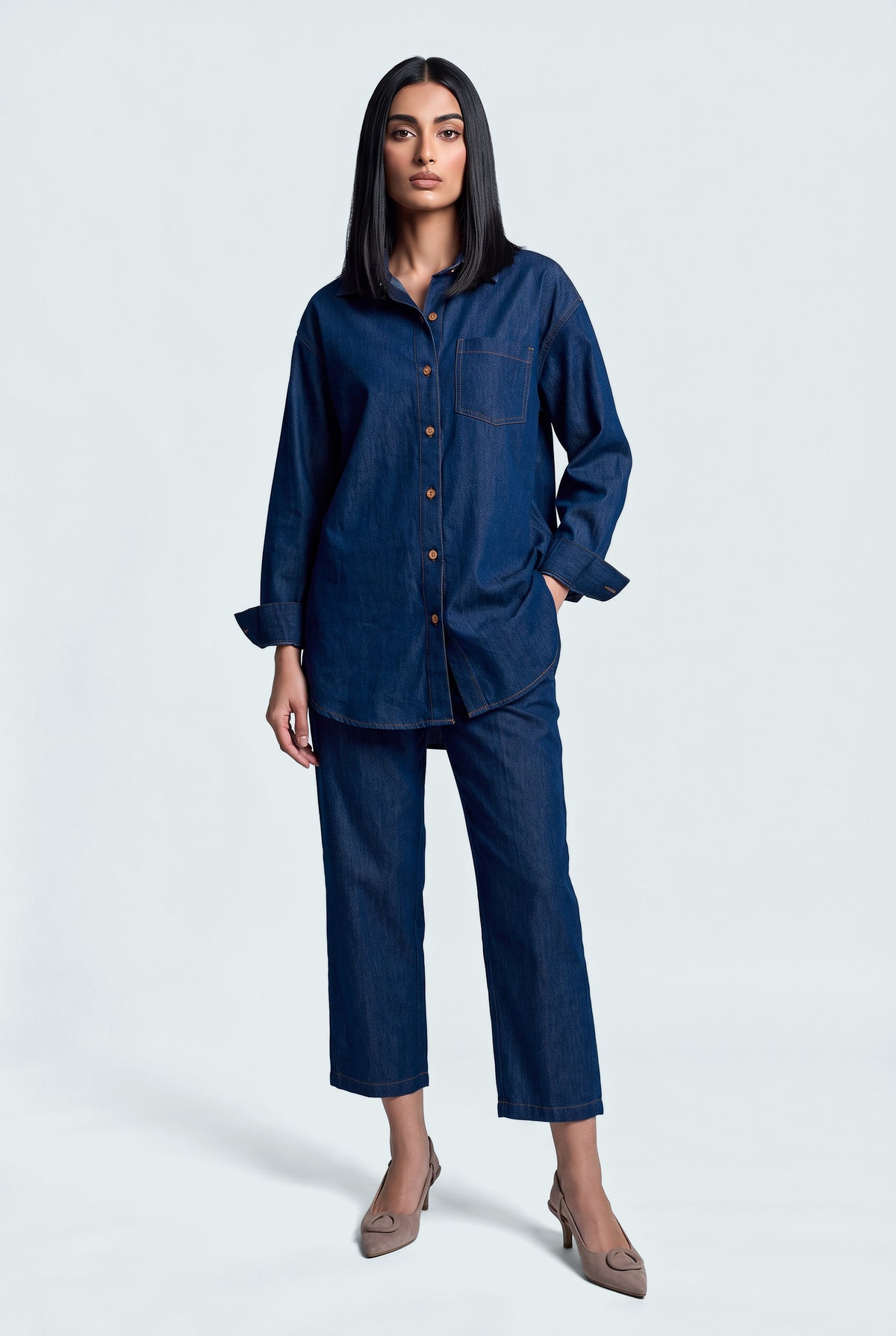 Dark Wash Chambray Straight Leg Cropped Trousers - Front View - Hustle N Holla