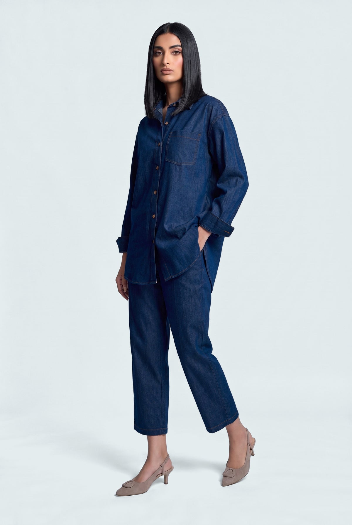 Dark Wash Chambray Straight Leg Cropped Trousers - Front View - Hustle N Holla