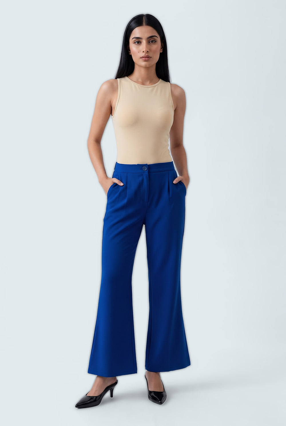 Electric Blue Flared Fit Tailored Trousers - Front View - Hustle N Holla