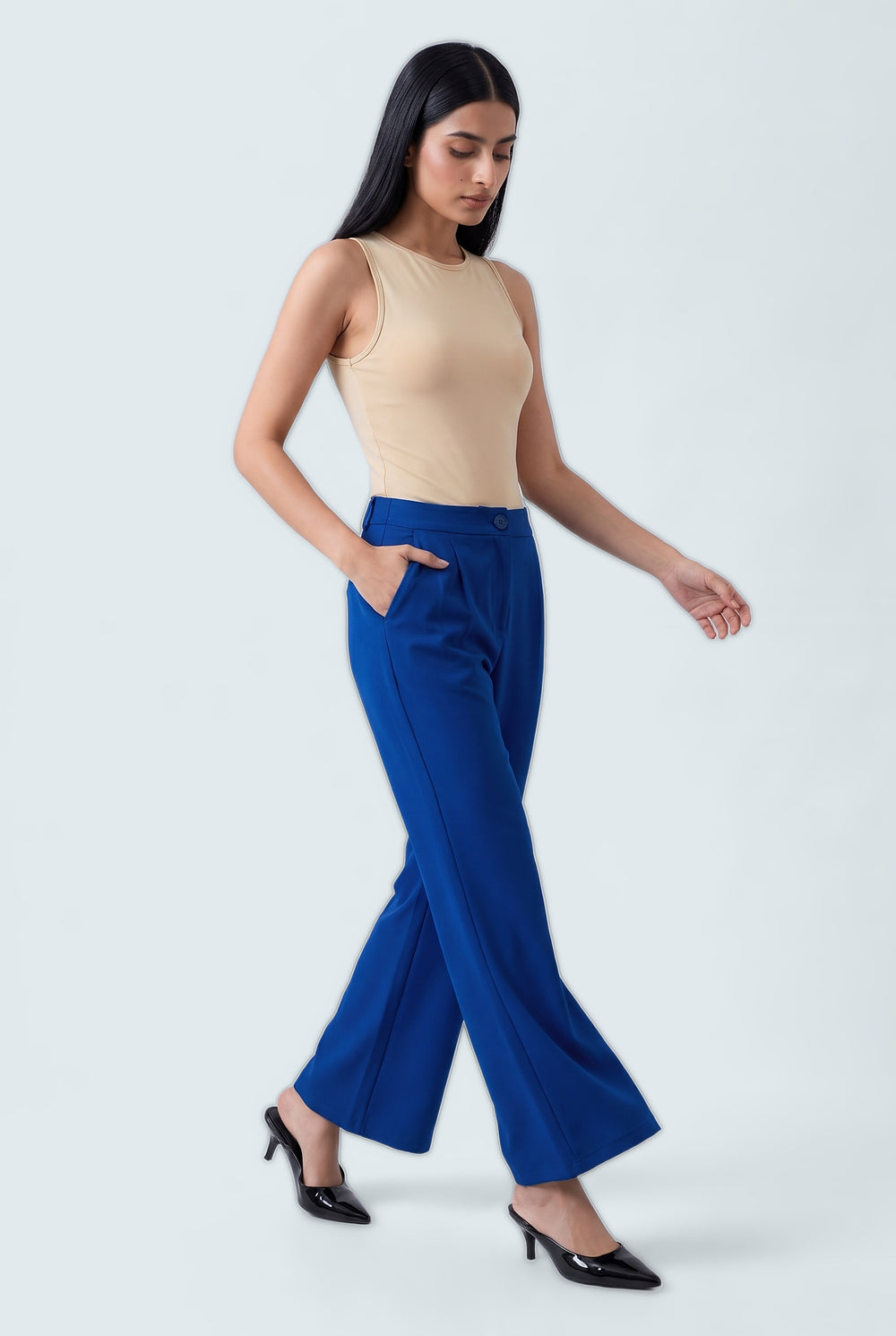 Electric Blue Flared Fit Tailored Trousers - Front Side View - Hustle N Holla