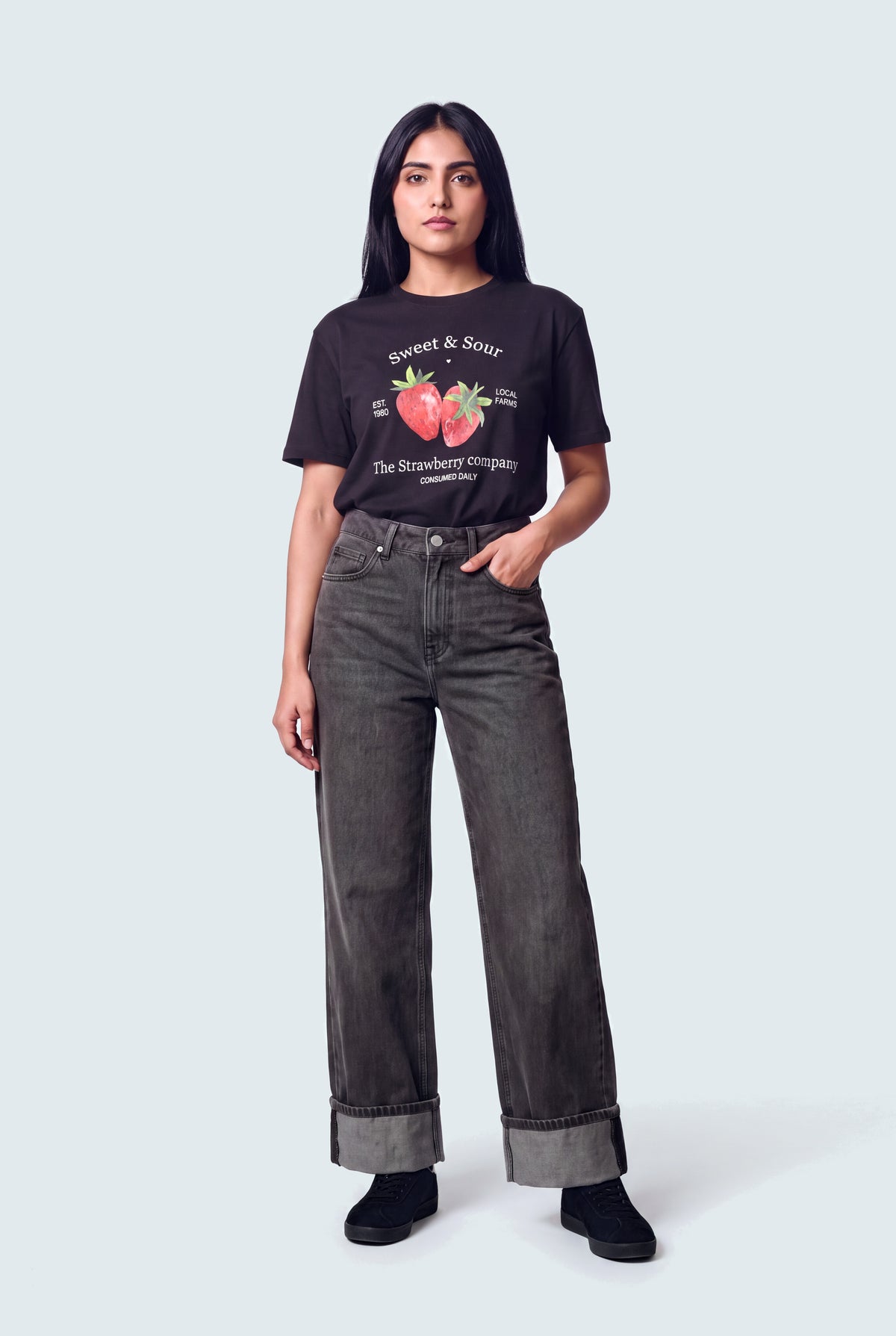 Fold Up Hem Charcoal Wide Leg Jeans - front view