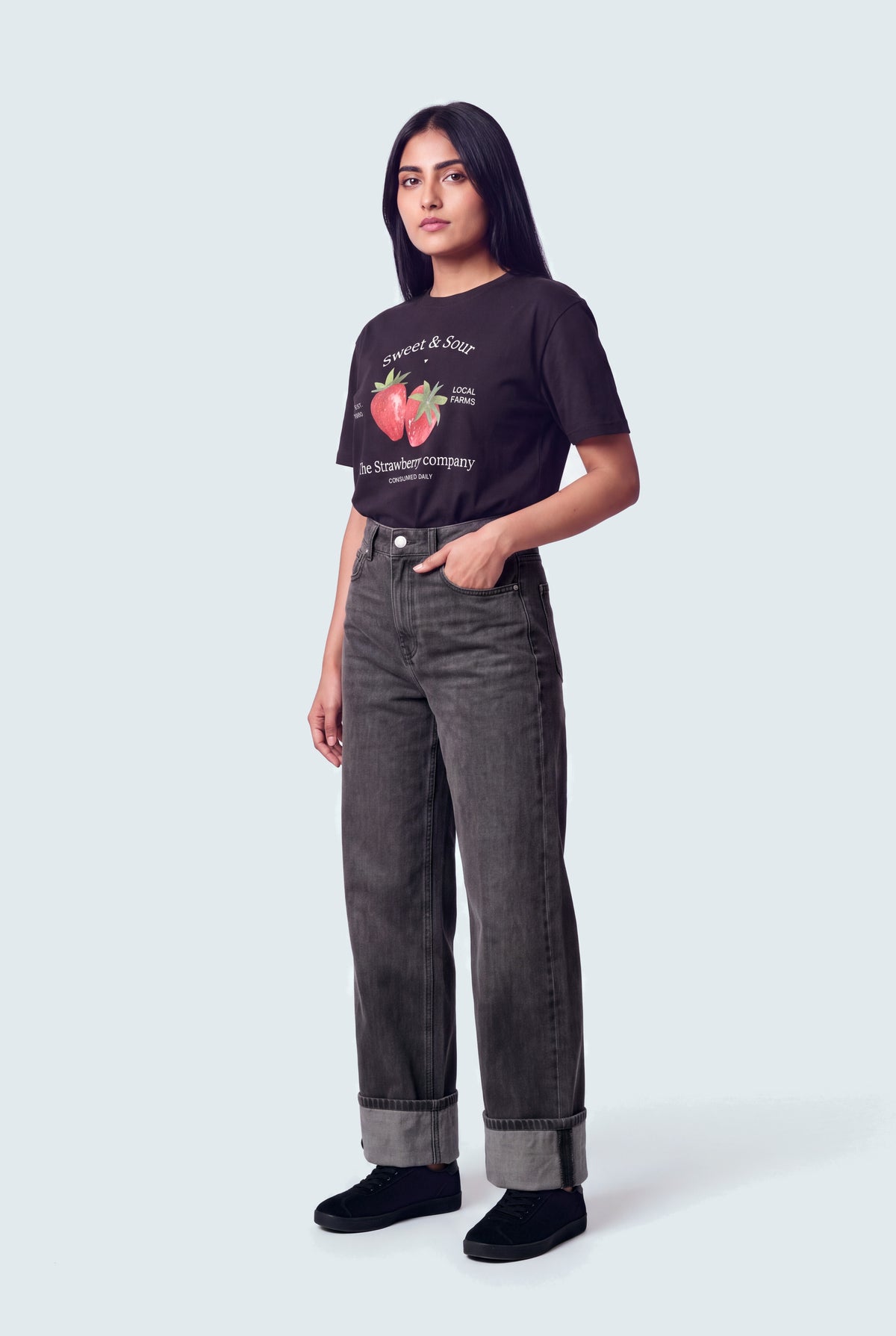Fold Up Hem Charcoal Wide Leg Jeans - front view