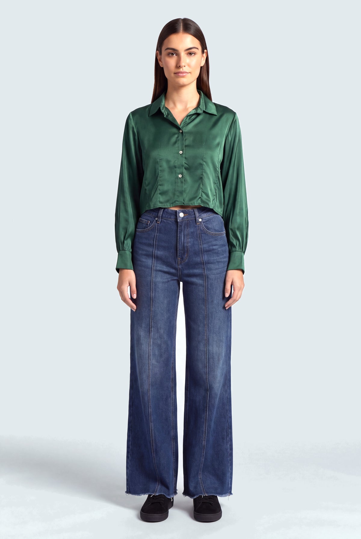 Front Seam Wide Leg Dark Blue Jeans - front view