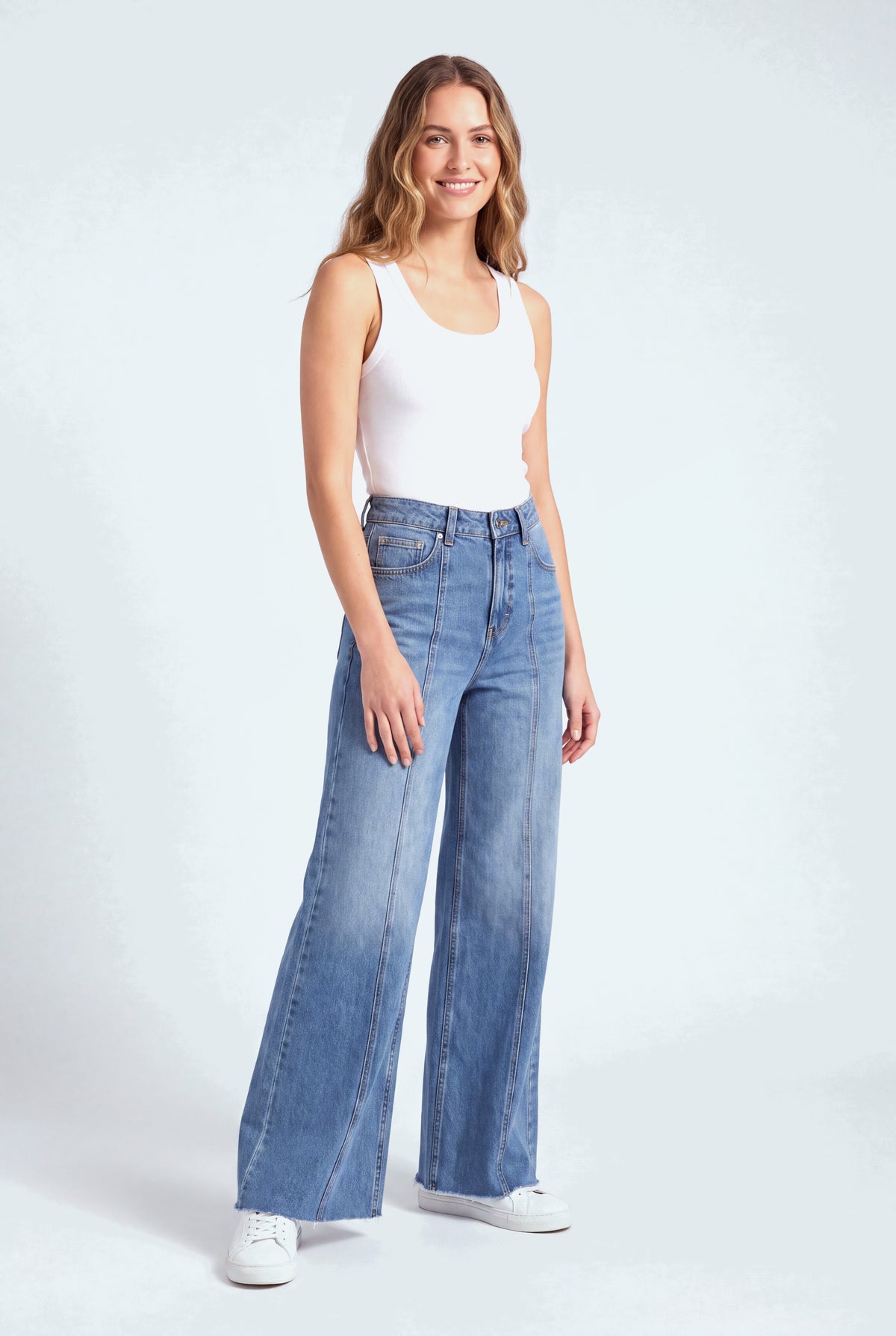 Front Seam Wide Leg Mid Wash Jeans - Hustle N Holla