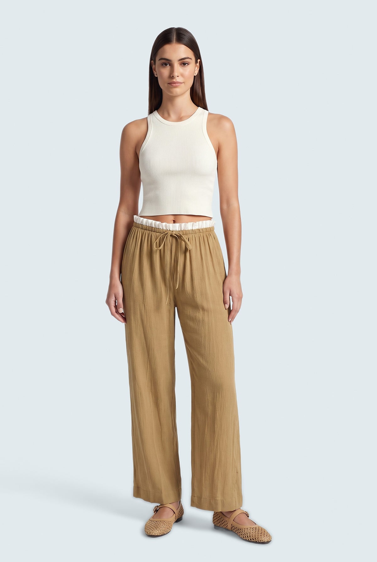 Golden Brown Wide Leg Trousers - Front View - Hustle N Holla