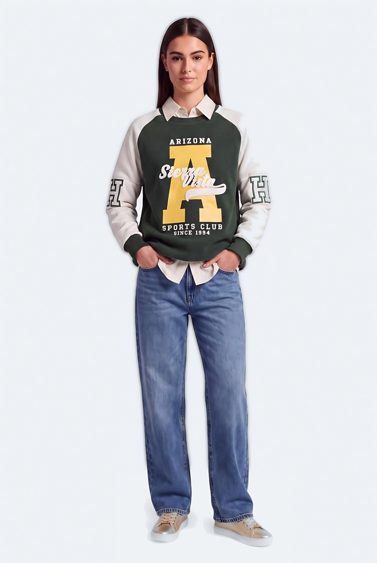 Green Colour Block Graphic Varsity Sweatshirt - Hustle N Holla