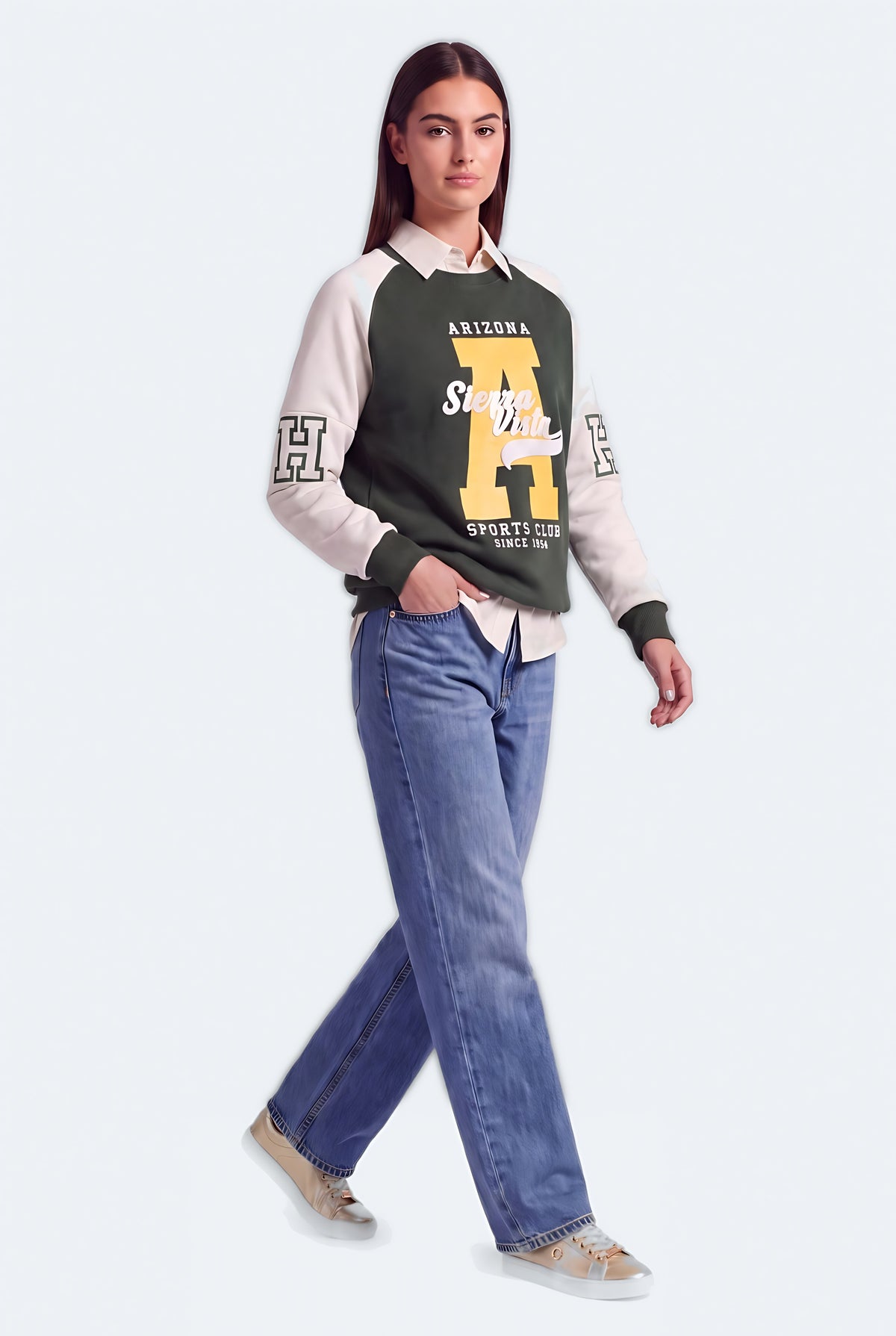 Green Colour Block Graphic Varsity Sweatshirt - Hustle N Holla