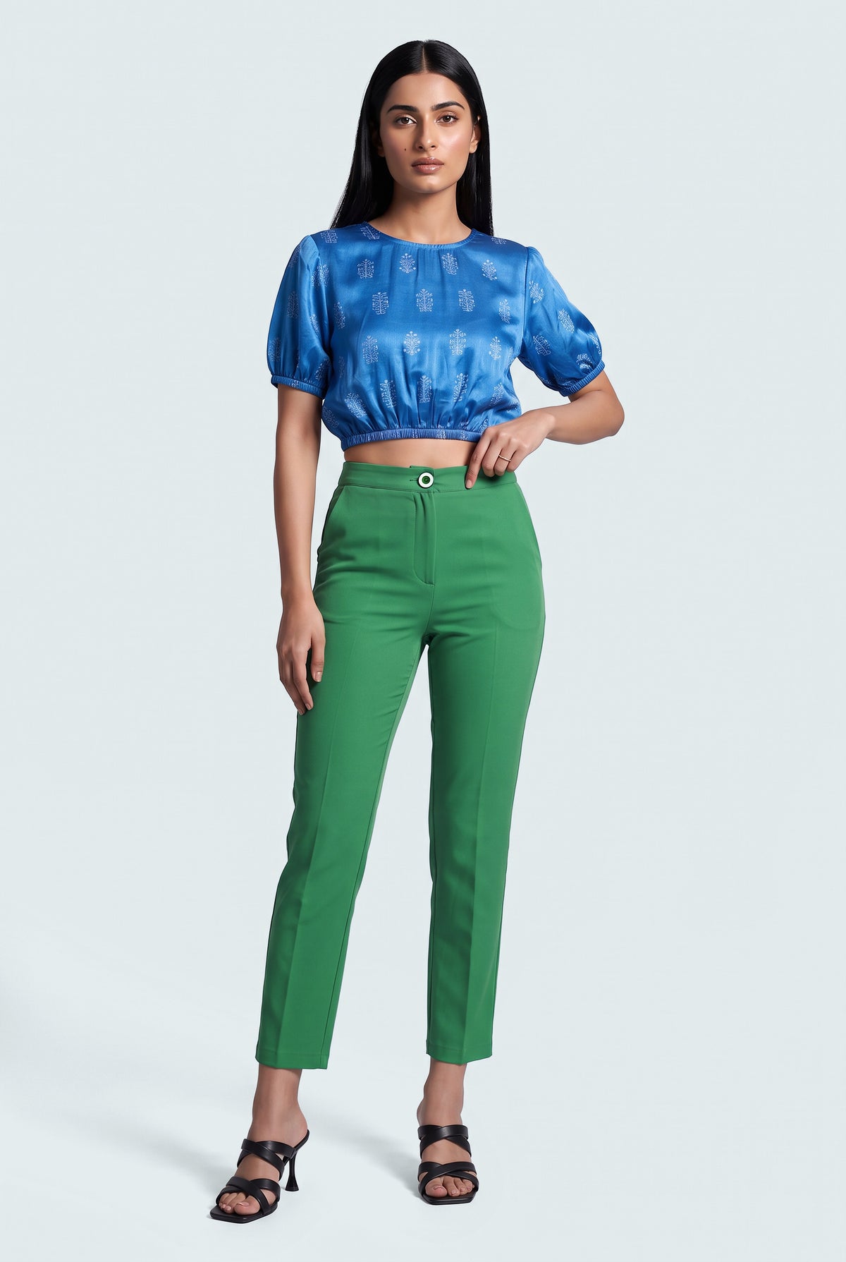Green Slim Fit Cropped Tailored Trousers - Front View - Hustle N Holla