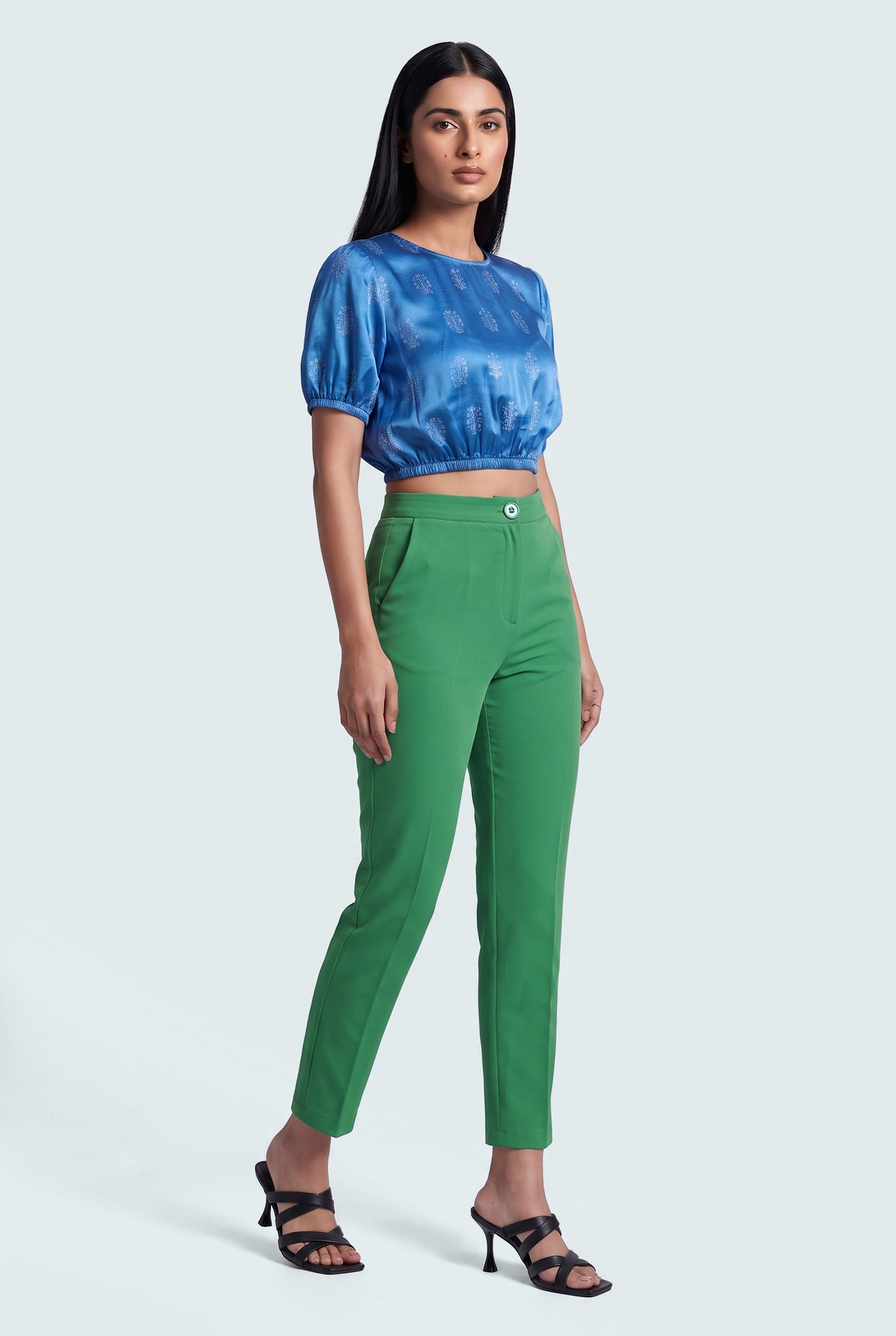Green Slim Fit Cropped Tailored Trousers - Front View - Hustle N Holla