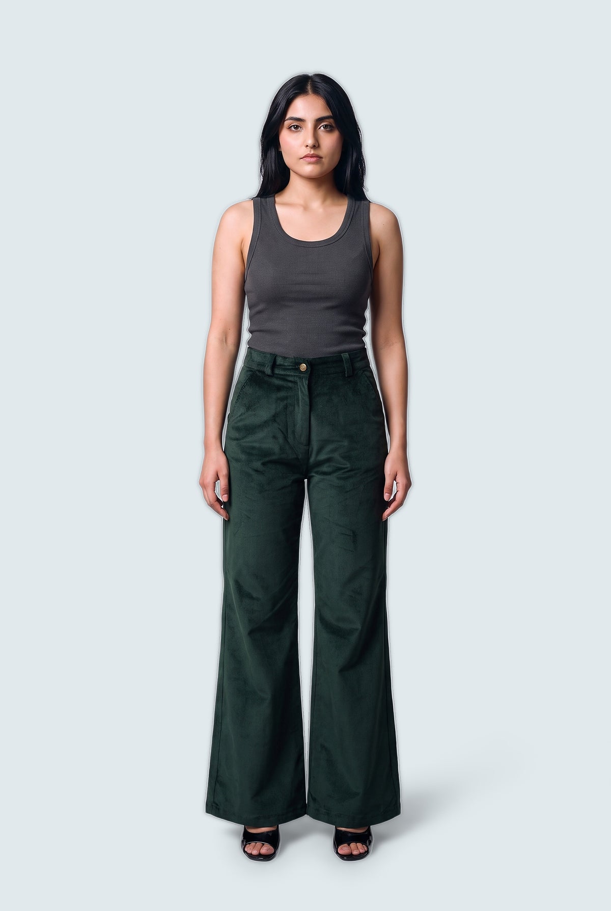 Green Wide Leg Corduroy Trousers - Front View - Hustle N Holla