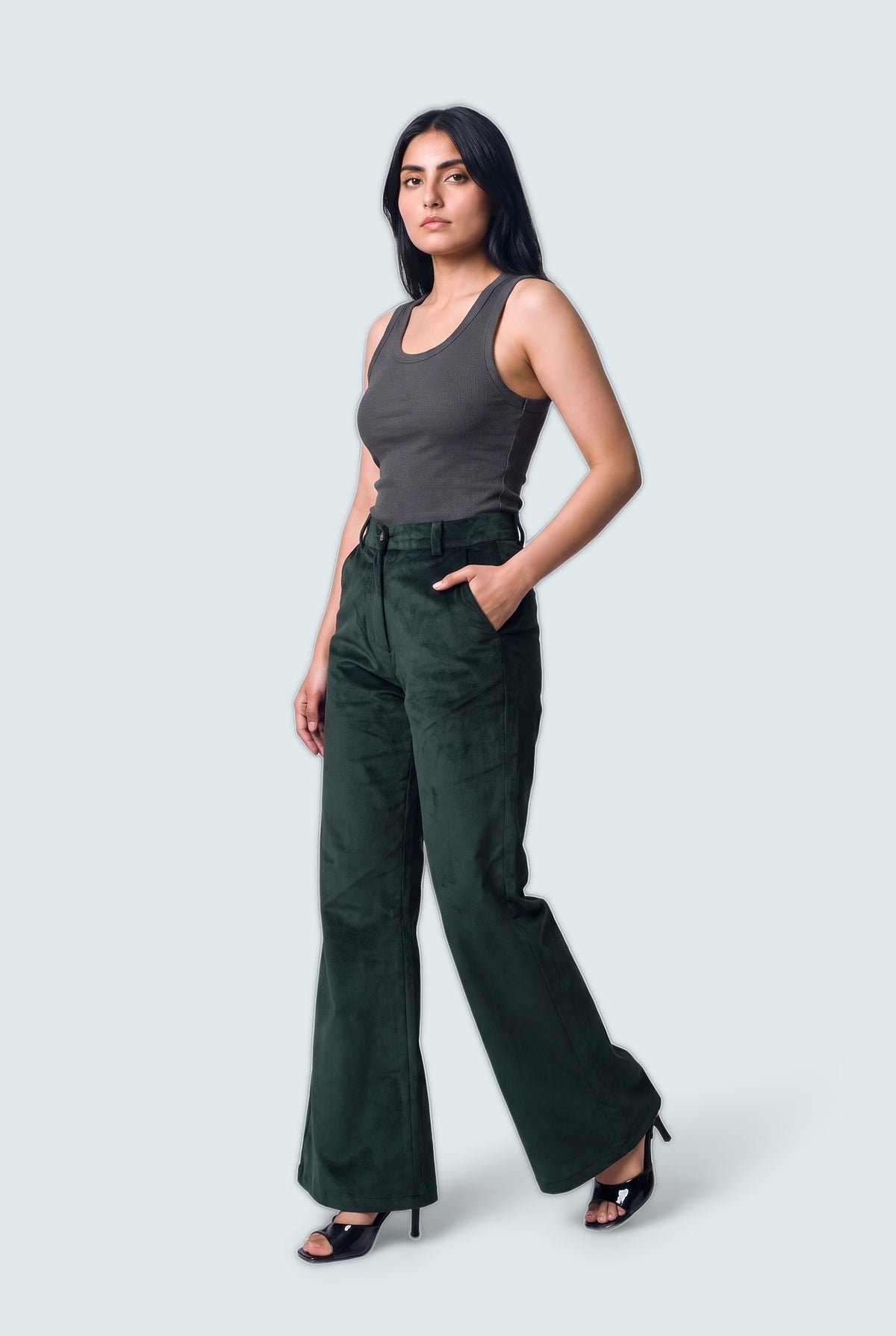 Green Wide Leg Corduroy Trousers - Front View - Hustle N Holla