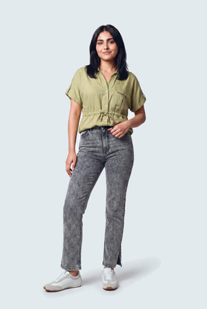 Grey Acid Wash High Rise Side Split Straight Fit Jeans - Hustle N Holla