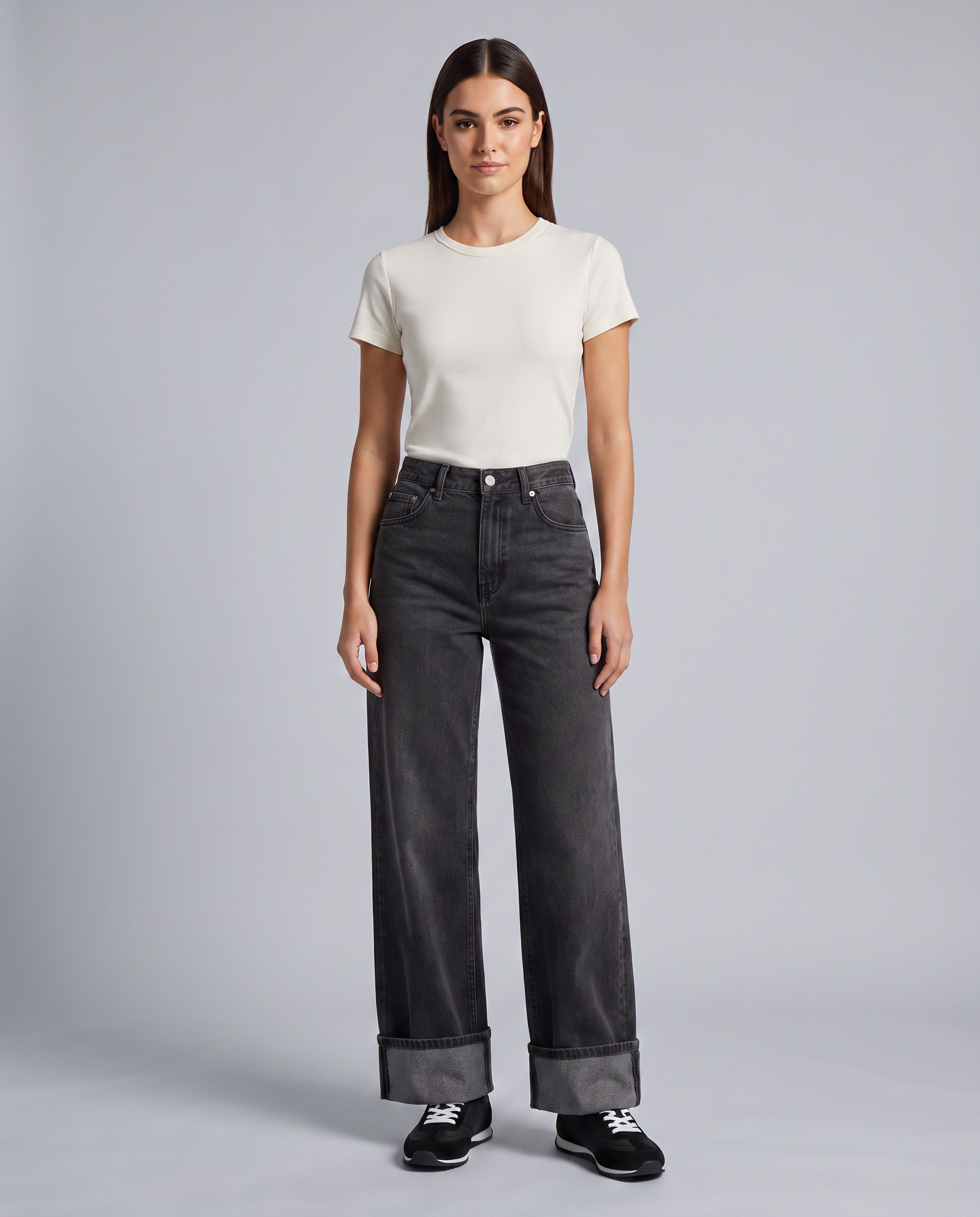 Fold Up Hem Charcoal Wide Leg Jeans - front view on model