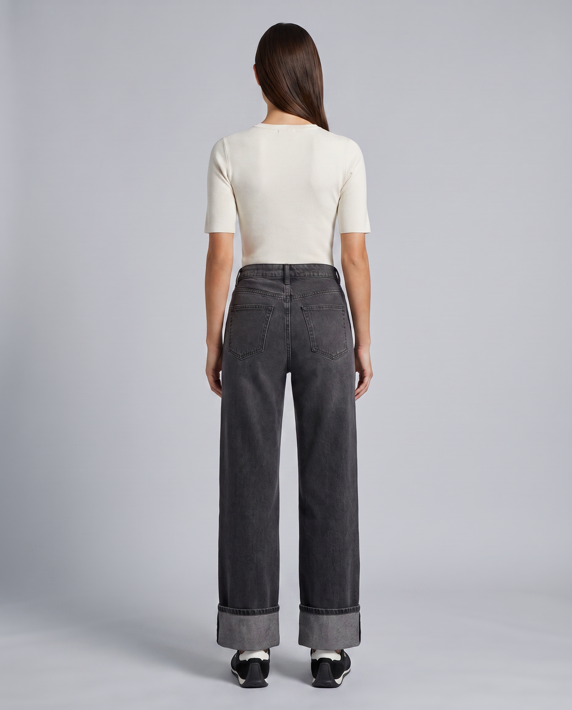 Fold Up Hem Charcoal Wide Leg Jeans - front view on model