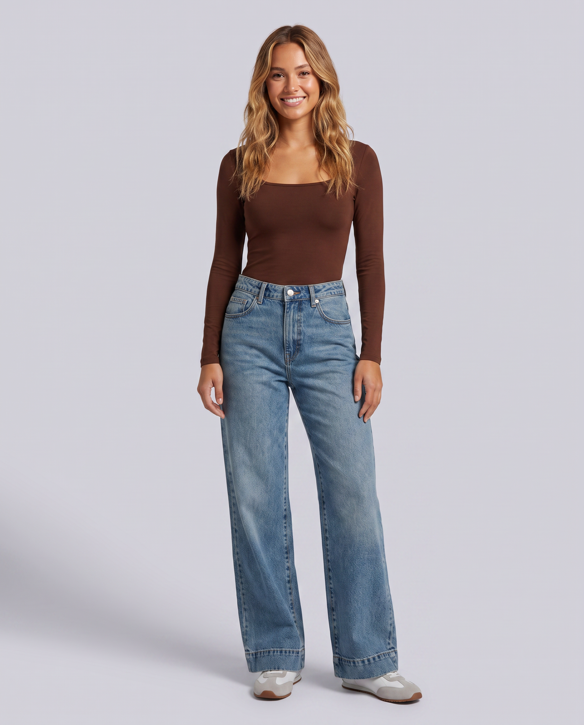 Blue Relaxed Fit Vintage Wash Denim Jeans - front view on model
